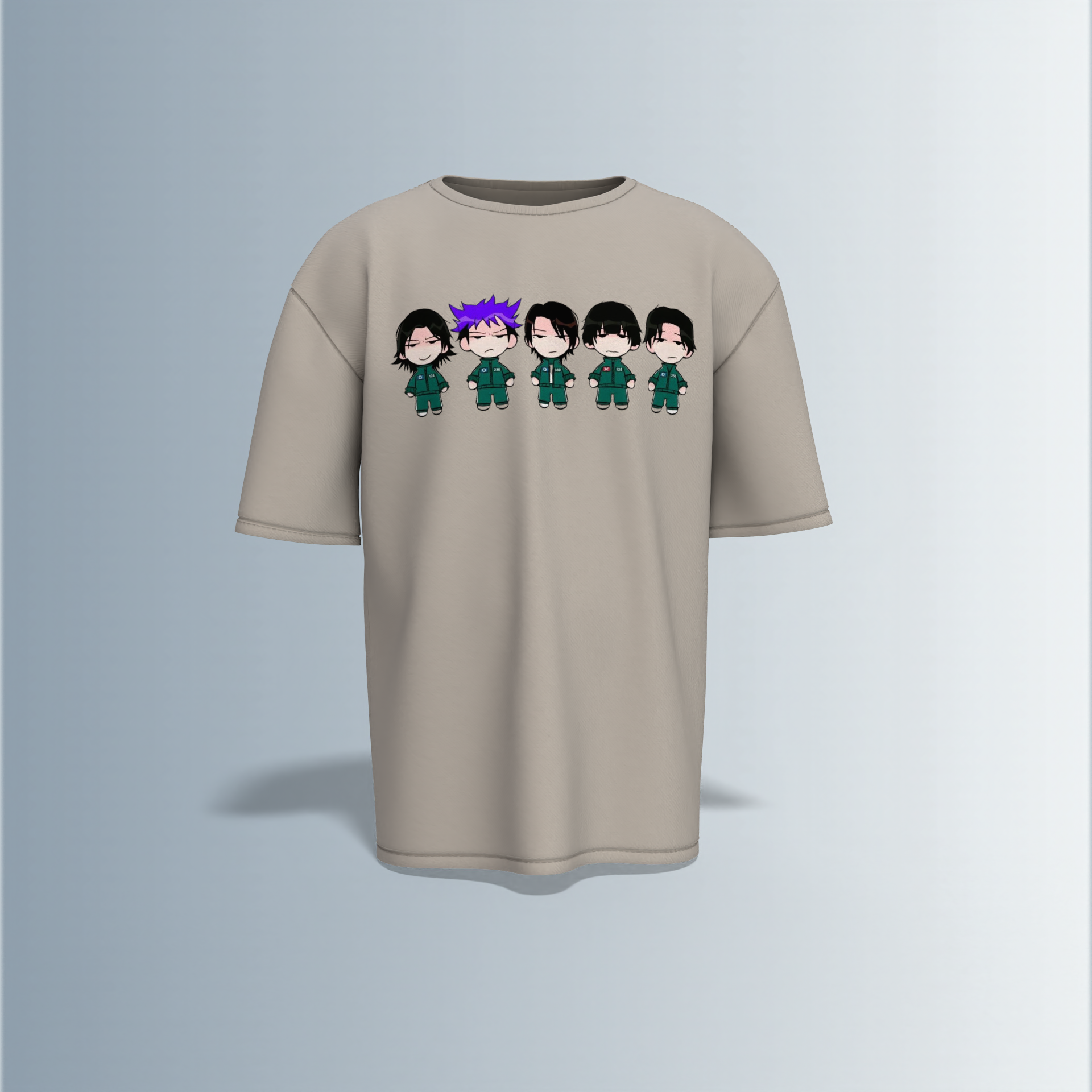 "Chibi Anime Squad in Matching Green Tracksuits – Kawaii Style Character Group Graphic T-Shirt Design (Front-Only Print)"