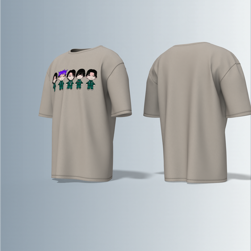 "Chibi Anime Squad in Matching Green Tracksuits – Kawaii Style Character Group Graphic T-Shirt Design (Front-Only Print)"