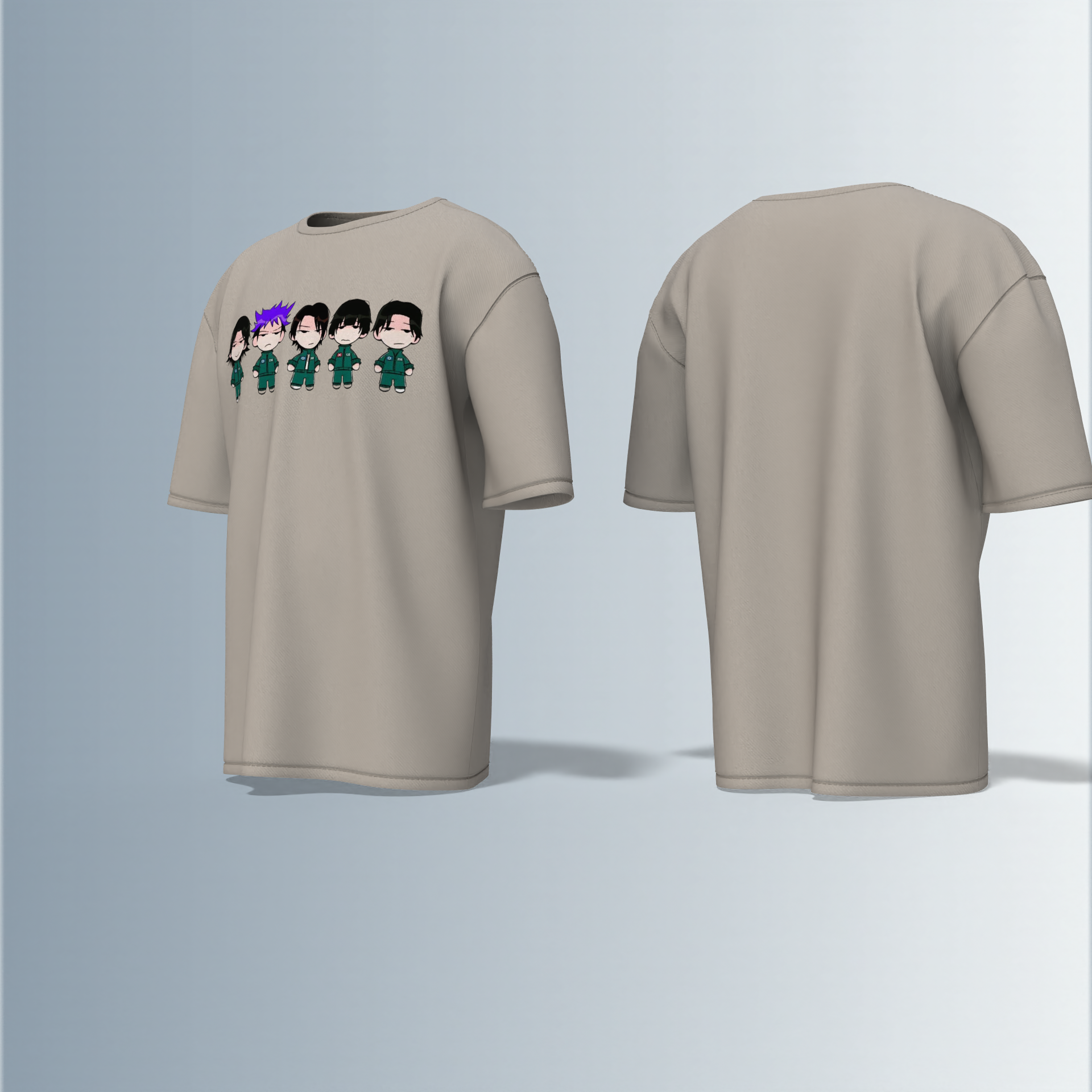 "Chibi Anime Squad in Matching Green Tracksuits – Kawaii Style Character Group Graphic T-Shirt Design (Front-Only Print)"