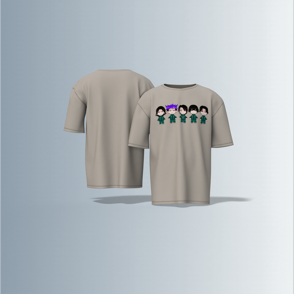 "Chibi Anime Squad in Matching Green Tracksuits – Kawaii Style Character Group Graphic T-Shirt Design (Front-Only Print)"