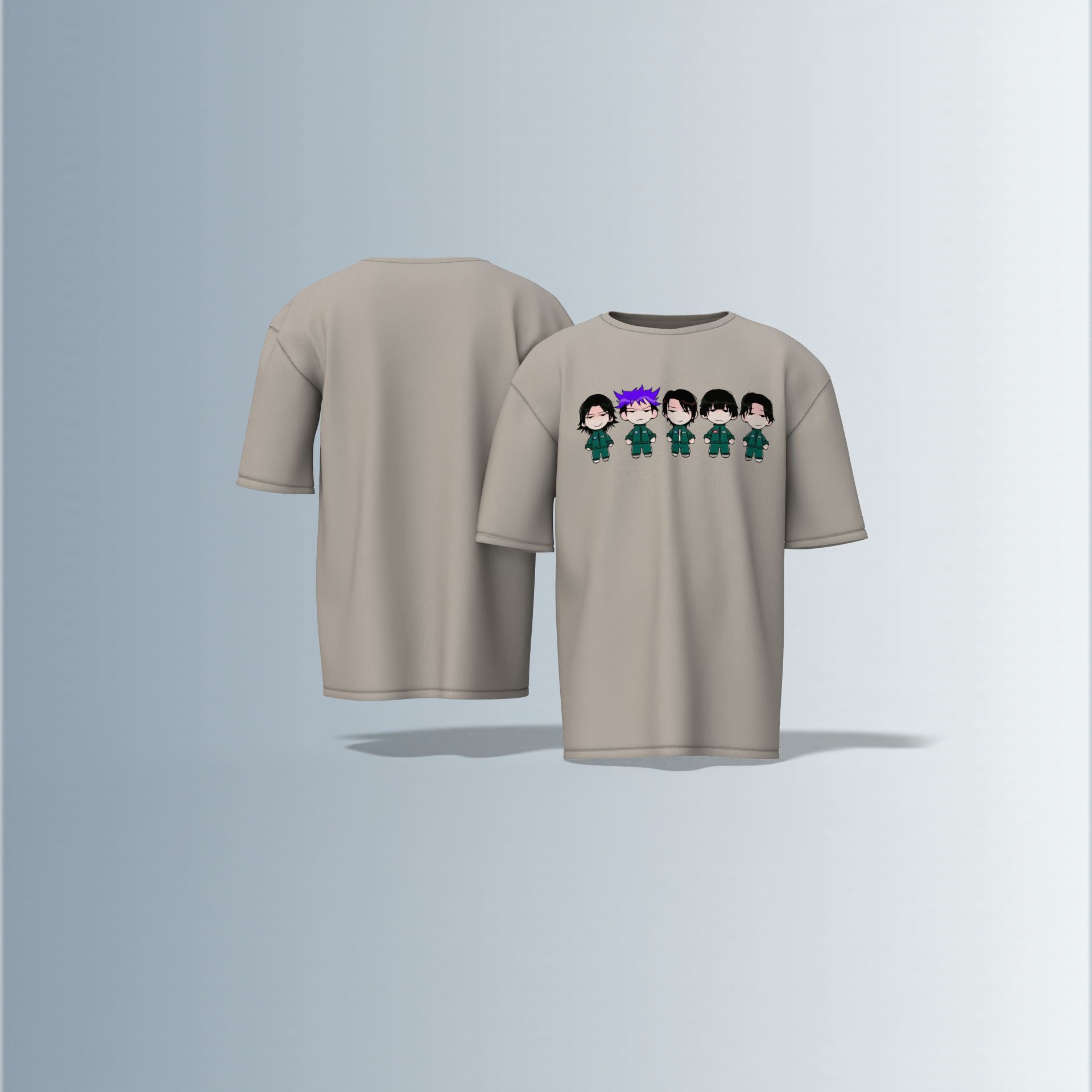 "Chibi Anime Squad in Matching Green Tracksuits – Kawaii Style Character Group Graphic T-Shirt Design (Front-Only Print)"
