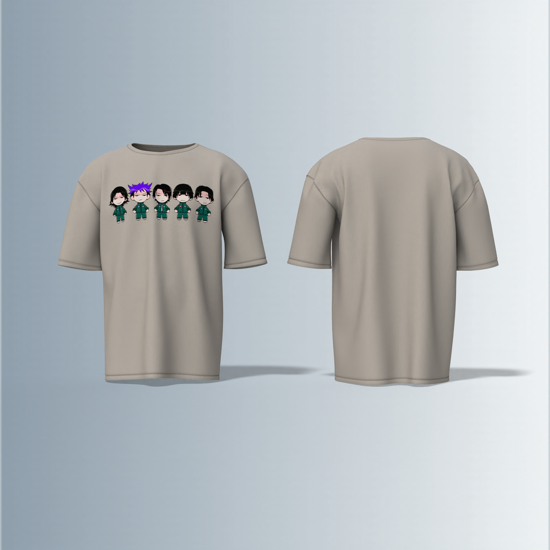 "Chibi Anime Squad in Matching Green Tracksuits – Kawaii Style Character Group Graphic T-Shirt Design (Front-Only Print)"
