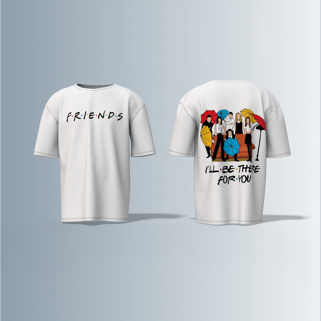 "Classic Sitcom-Inspired T-Shirt Featuring Iconic FRIENDS Logo on Front and Cast Illustration with Umbrellas and 'I'll Be There For You' Quote on Back – Dual-Sided Pop Culture Design"