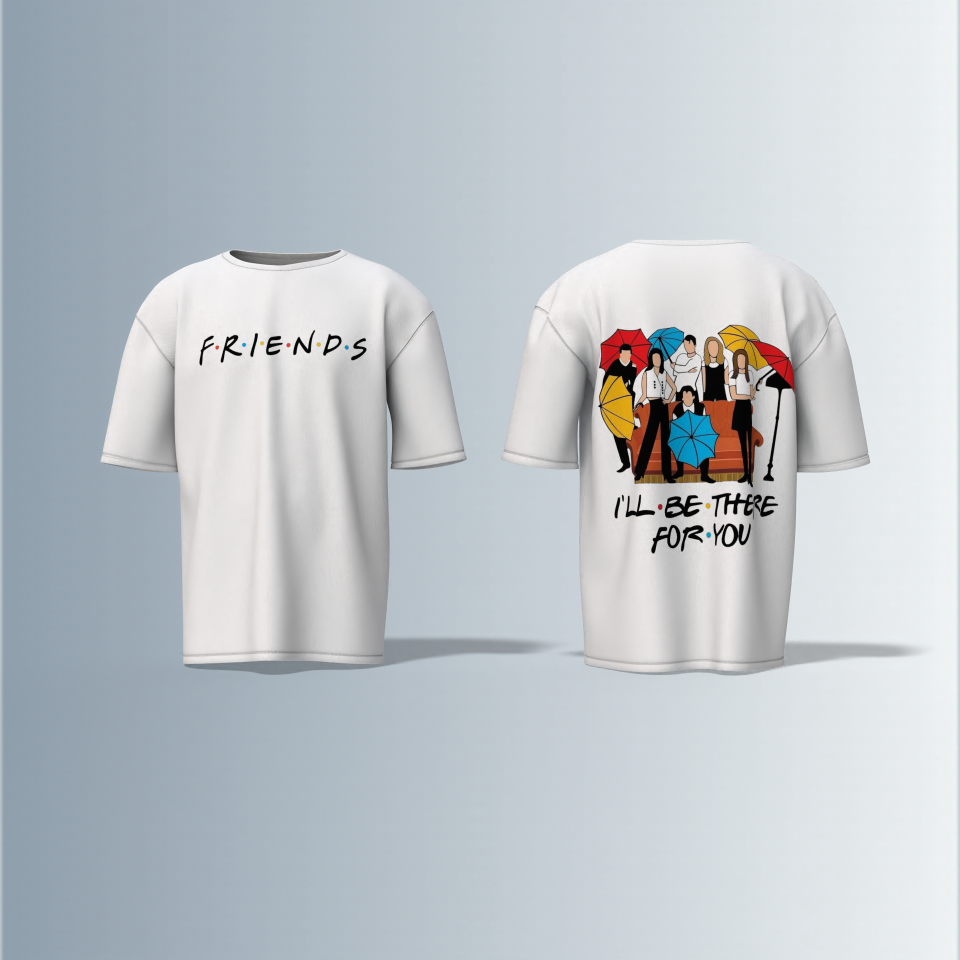 "Classic Sitcom-Inspired T-Shirt Featuring Iconic FRIENDS Logo on Front and Cast Illustration with Umbrellas and 'I'll Be There For You' Quote on Back – Dual-Sided Pop Culture Design"