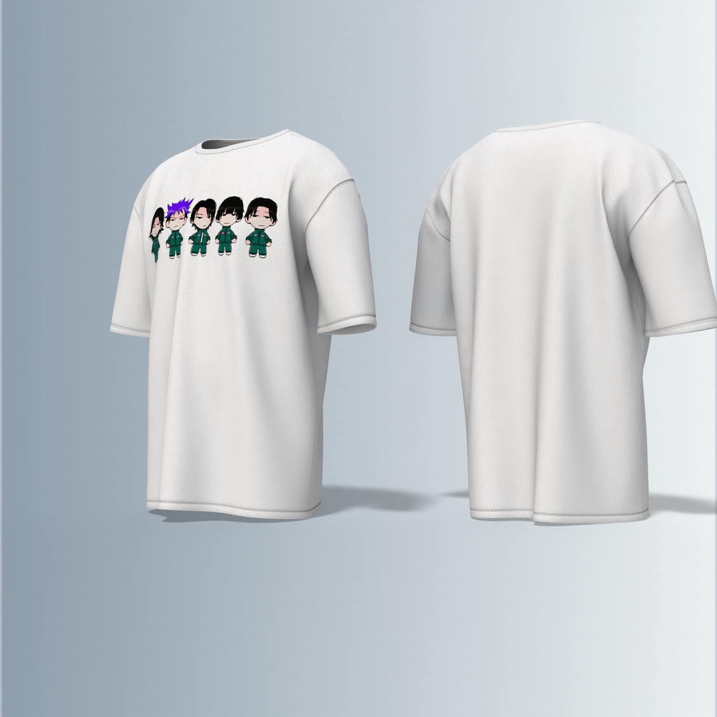 "Chibi Anime Squad in Matching Green Tracksuits – Kawaii Style Character Group Graphic T-Shirt Design (Front-Only Print)"