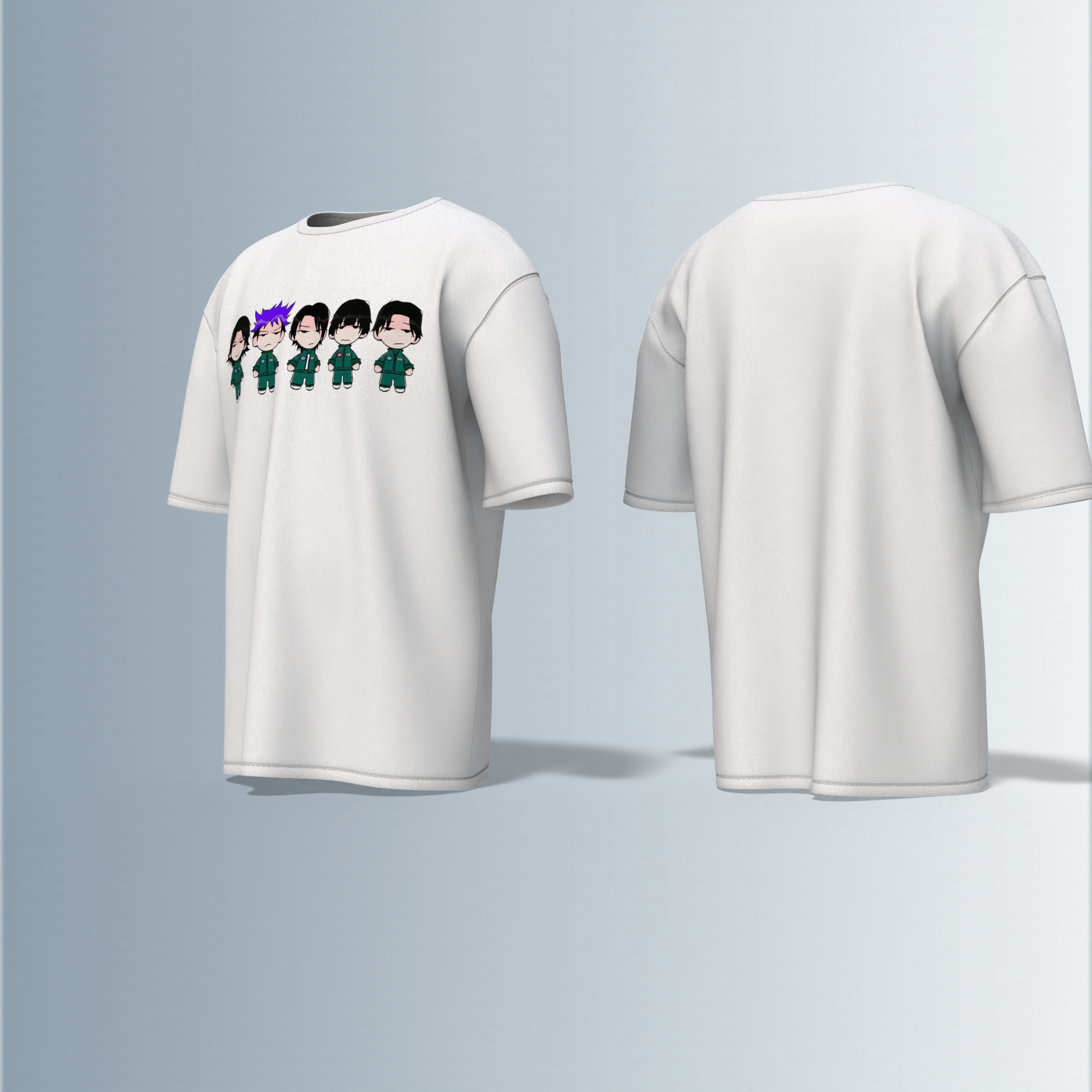 "Chibi Anime Squad in Matching Green Tracksuits – Kawaii Style Character Group Graphic T-Shirt Design (Front-Only Print)"