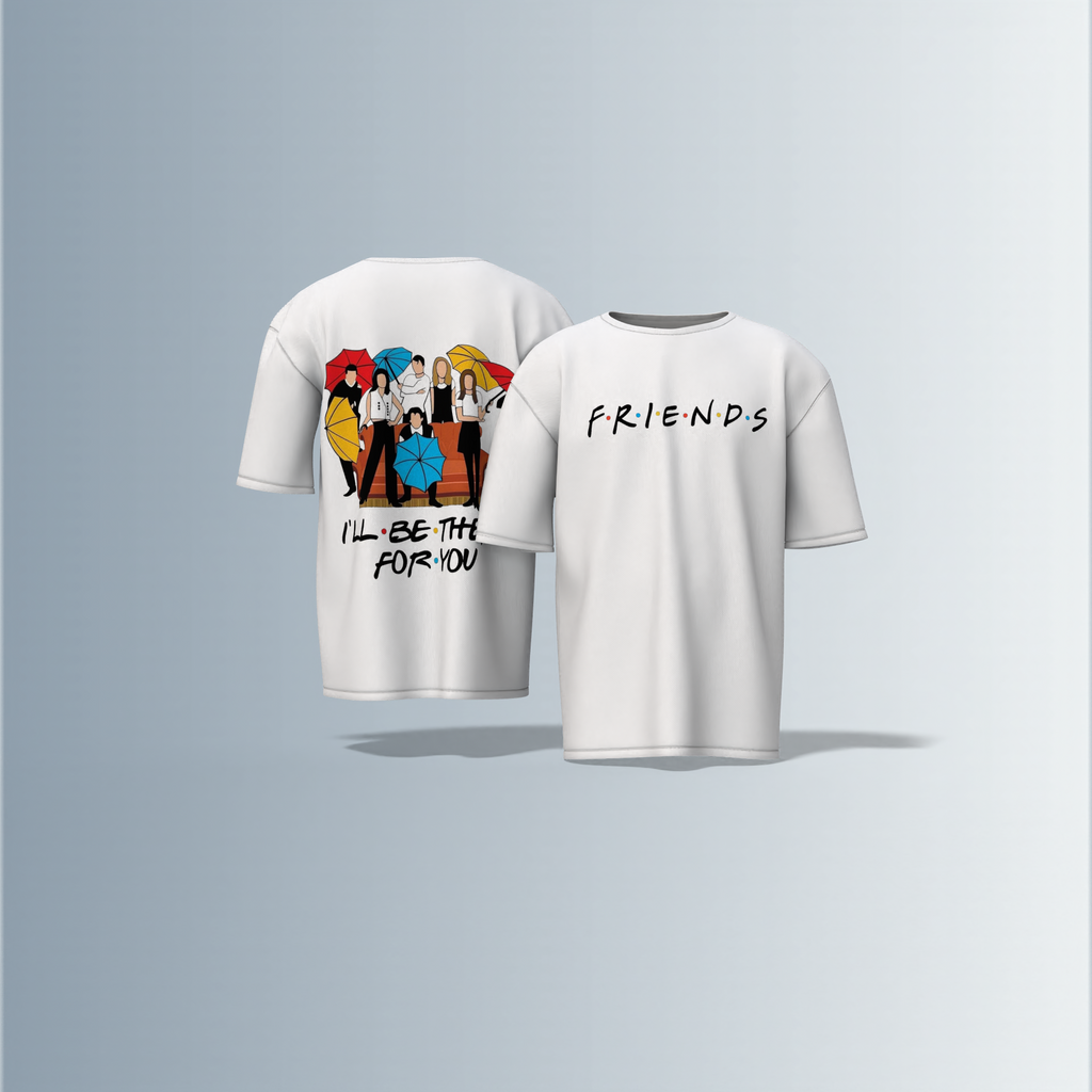 "Classic Sitcom-Inspired T-Shirt Featuring Iconic FRIENDS Logo on Front and Cast Illustration with Umbrellas and 'I'll Be There For You' Quote on Back – Dual-Sided Pop Culture Design"