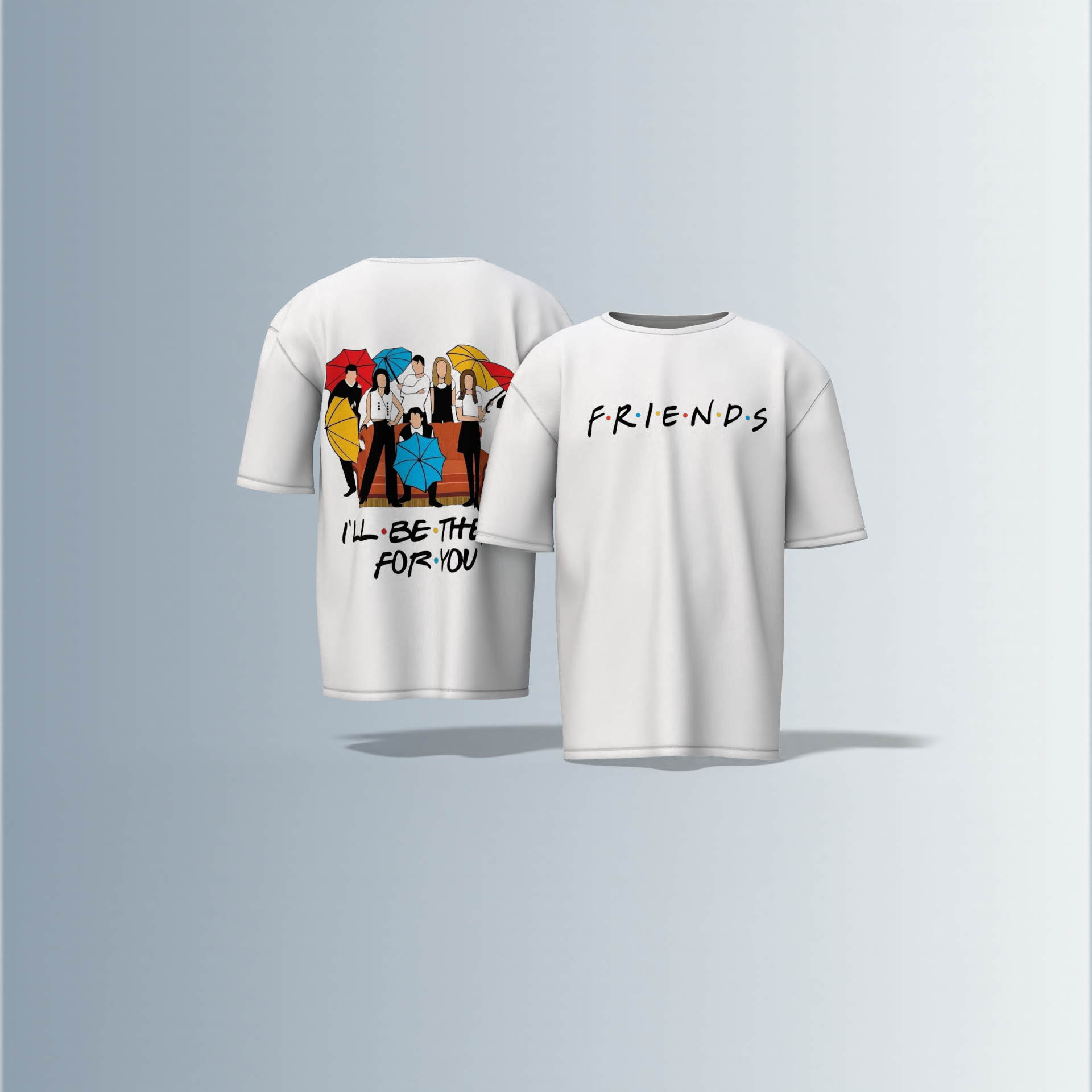 "Classic Sitcom-Inspired T-Shirt Featuring Iconic FRIENDS Logo on Front and Cast Illustration with Umbrellas and 'I'll Be There For You' Quote on Back – Dual-Sided Pop Culture Design"
