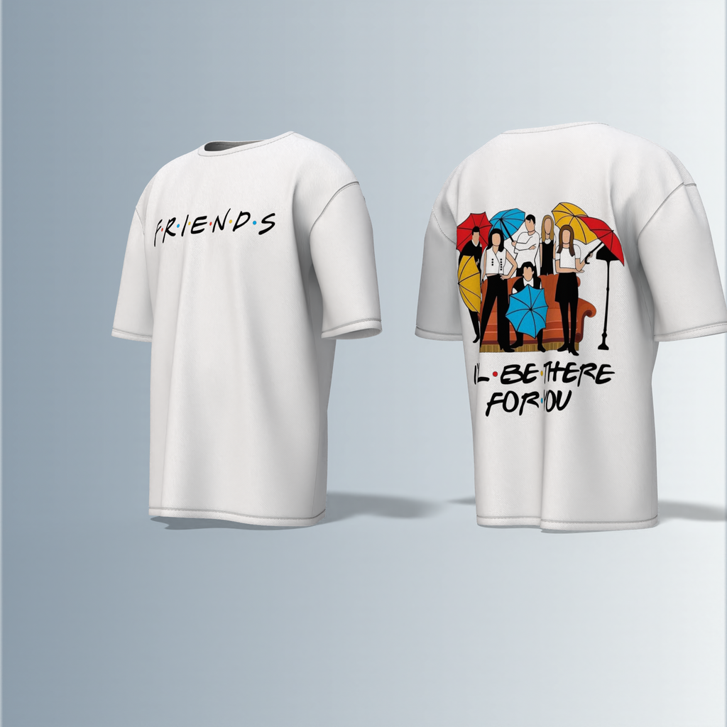 "Classic Sitcom-Inspired T-Shirt Featuring Iconic FRIENDS Logo on Front and Cast Illustration with Umbrellas and 'I'll Be There For You' Quote on Back – Dual-Sided Pop Culture Design"