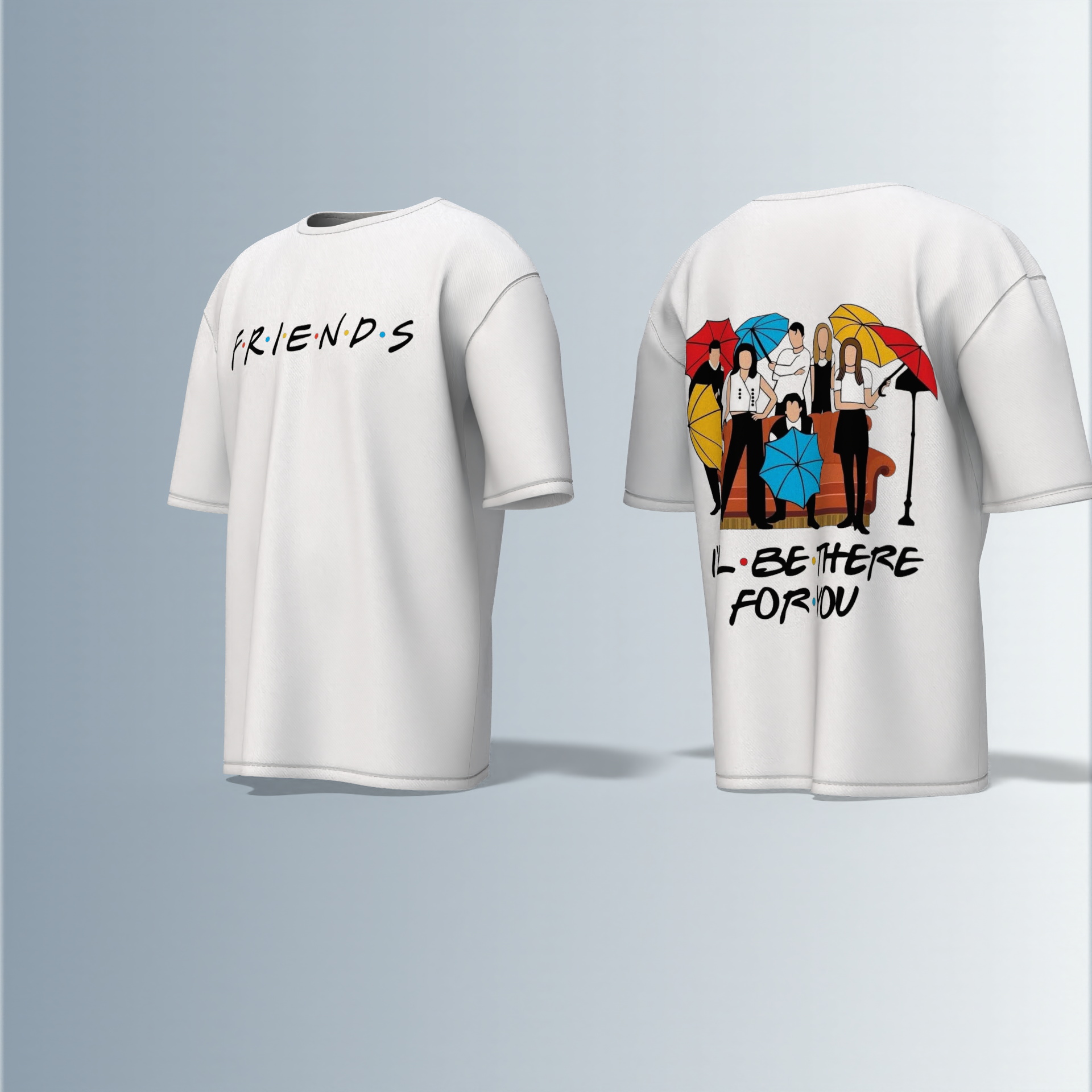 "Classic Sitcom-Inspired T-Shirt Featuring Iconic FRIENDS Logo on Front and Cast Illustration with Umbrellas and 'I'll Be There For You' Quote on Back – Dual-Sided Pop Culture Design"