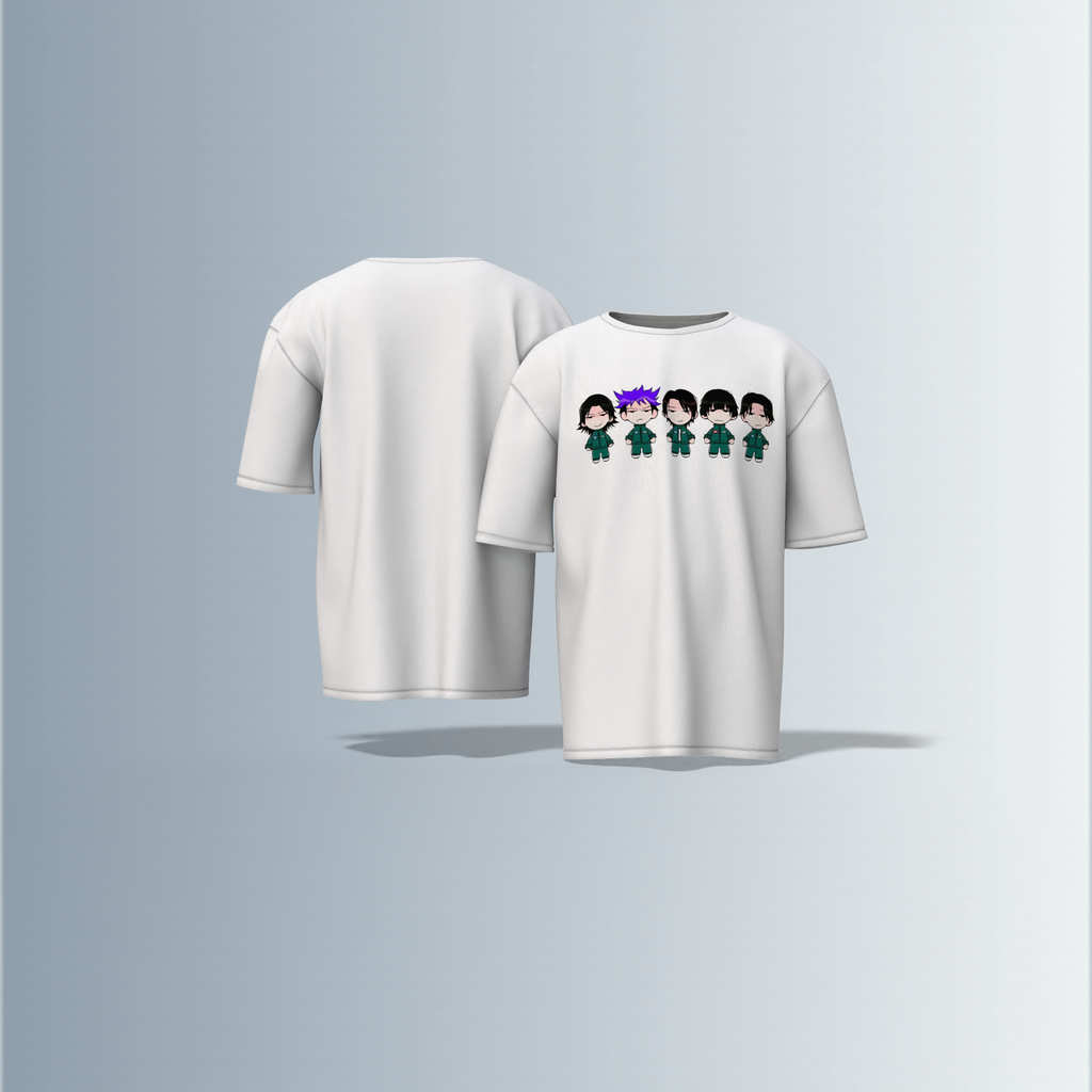 "Chibi Anime Squad in Matching Green Tracksuits – Kawaii Style Character Group Graphic T-Shirt Design (Front-Only Print)"