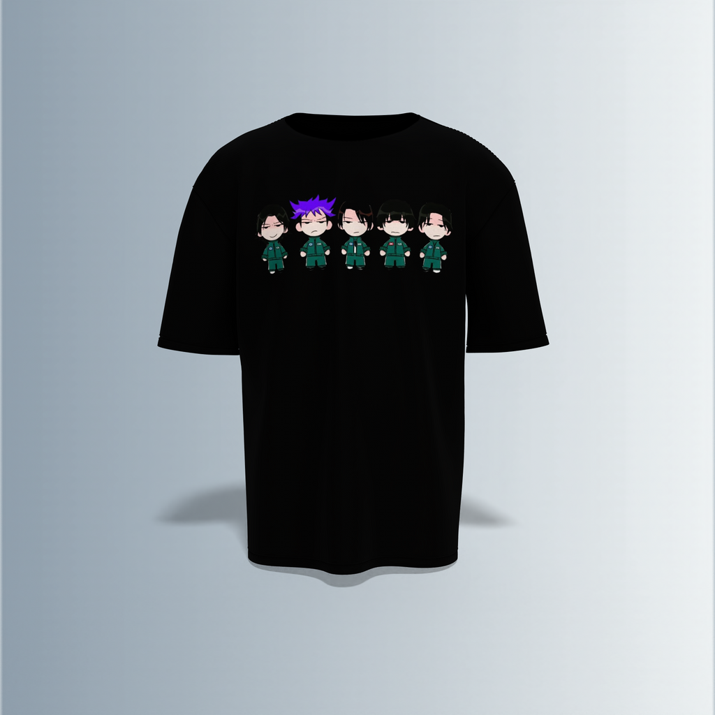 "Chibi Anime Squad in Matching Green Tracksuits – Kawaii Style Character Group Graphic T-Shirt Design (Front-Only Print)"