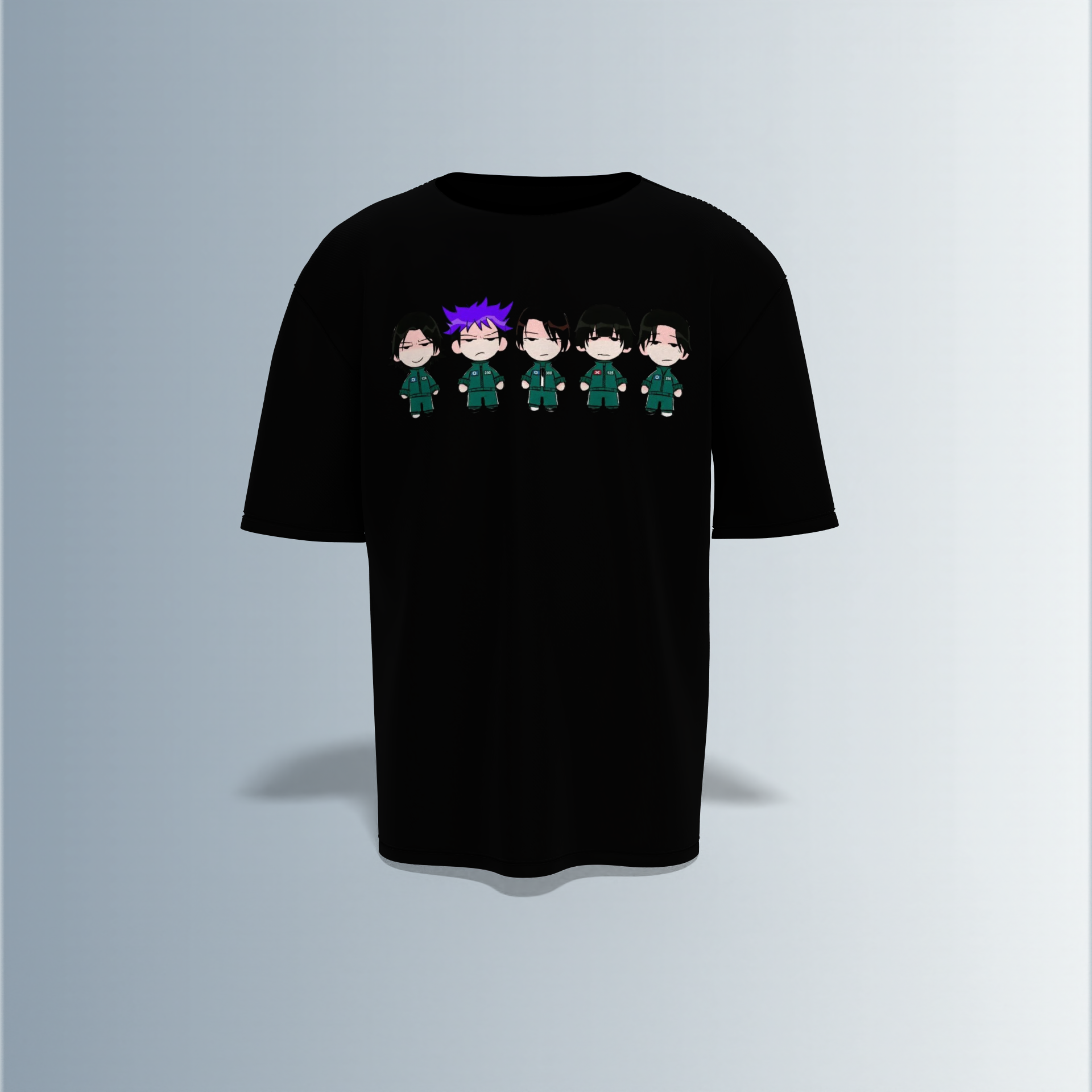 "Chibi Anime Squad in Matching Green Tracksuits – Kawaii Style Character Group Graphic T-Shirt Design (Front-Only Print)"