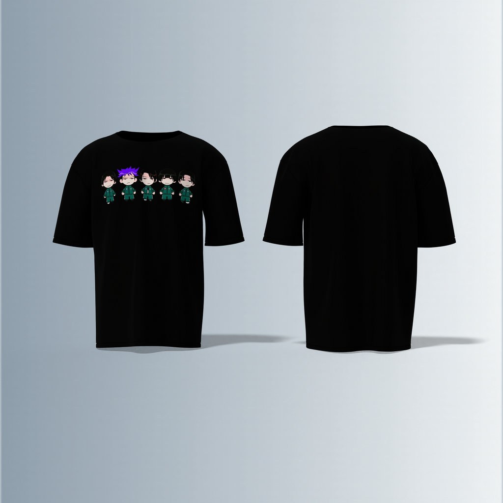 "Chibi Anime Squad in Matching Green Tracksuits – Kawaii Style Character Group Graphic T-Shirt Design (Front-Only Print)"