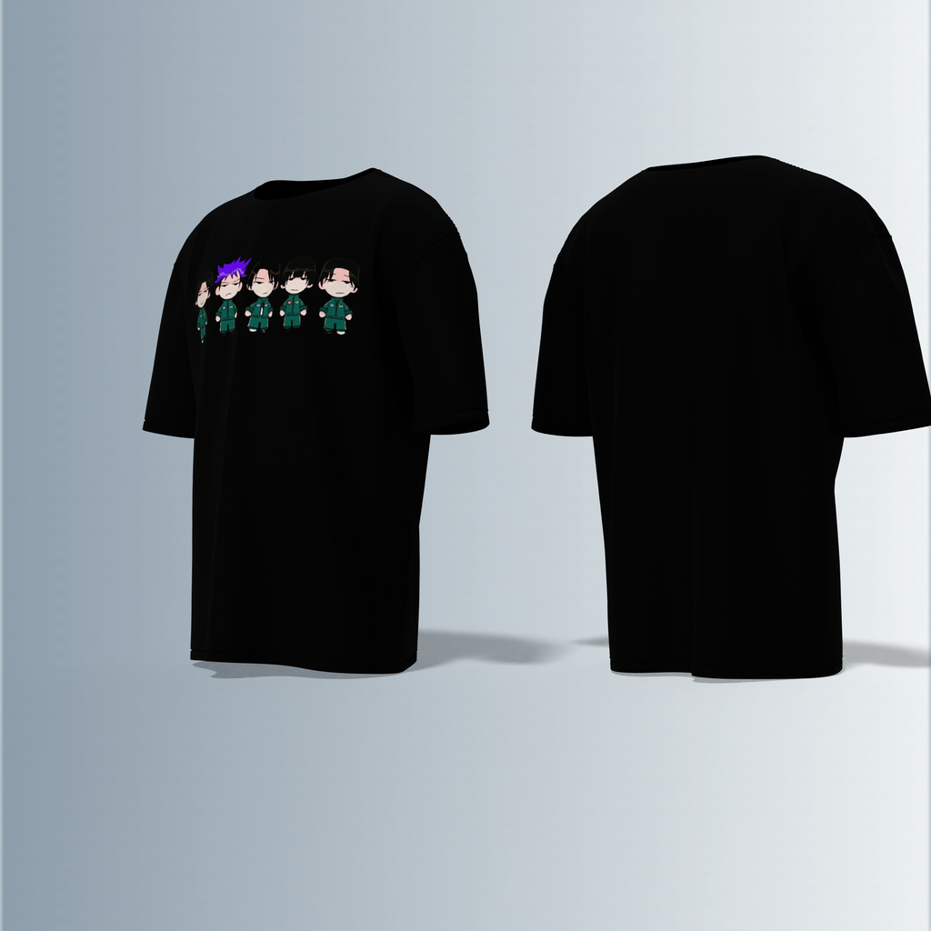 "Chibi Anime Squad in Matching Green Tracksuits – Kawaii Style Character Group Graphic T-Shirt Design (Front-Only Print)"