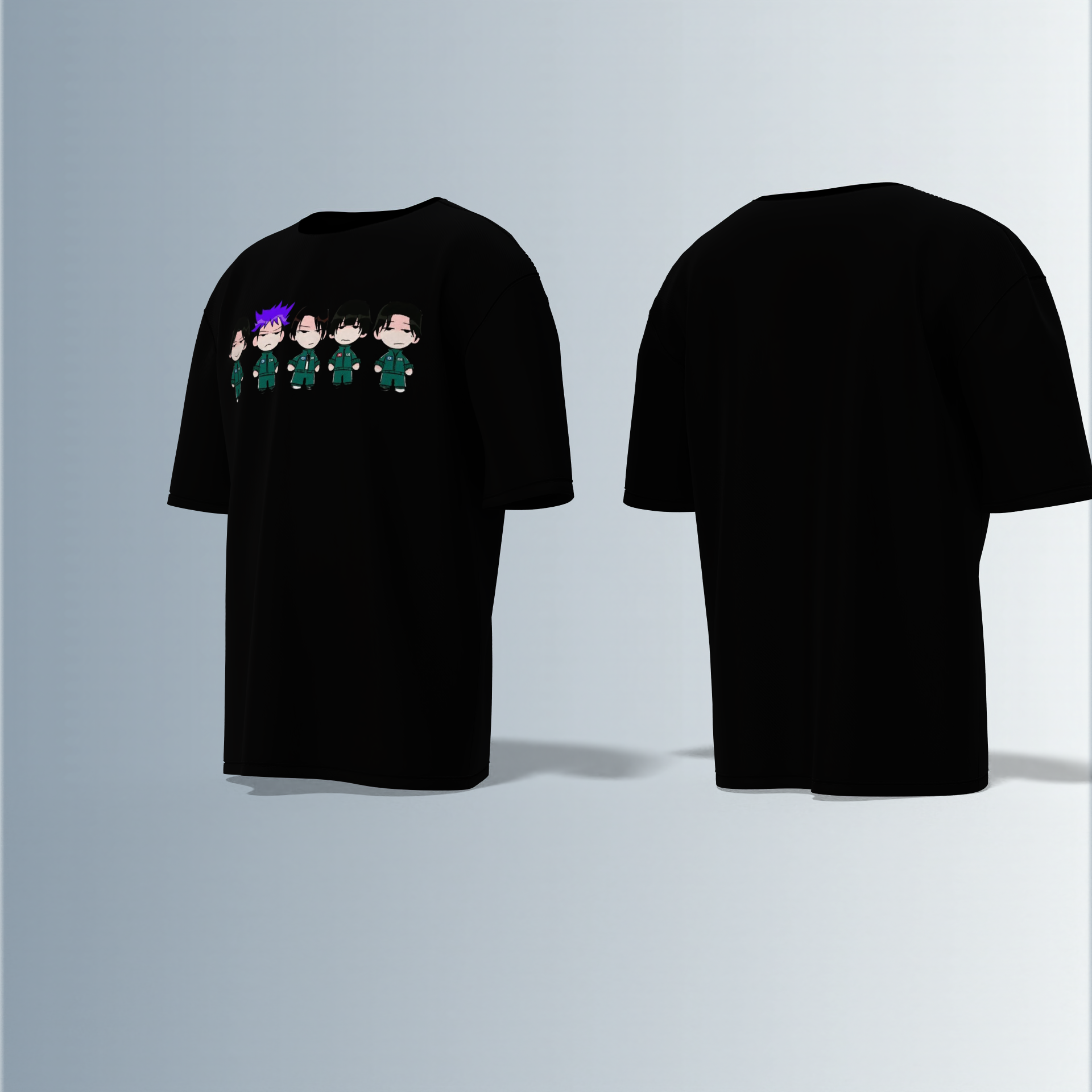 "Chibi Anime Squad in Matching Green Tracksuits – Kawaii Style Character Group Graphic T-Shirt Design (Front-Only Print)"
