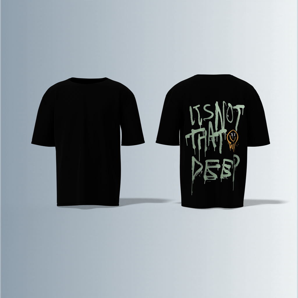 "Urban Grunge Typography Tee with 'It's Not That Deep' Graffiti Back Print and Minimalist Front"