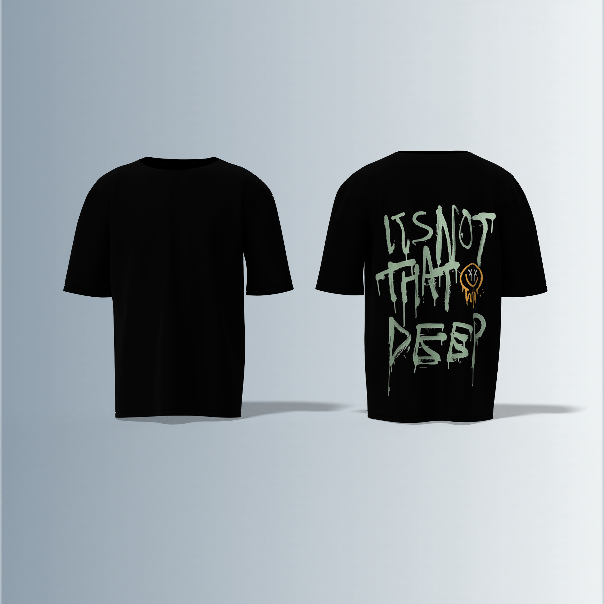 "Urban Grunge Typography Tee with 'It's Not That Deep' Graffiti Back Print and Minimalist Front"