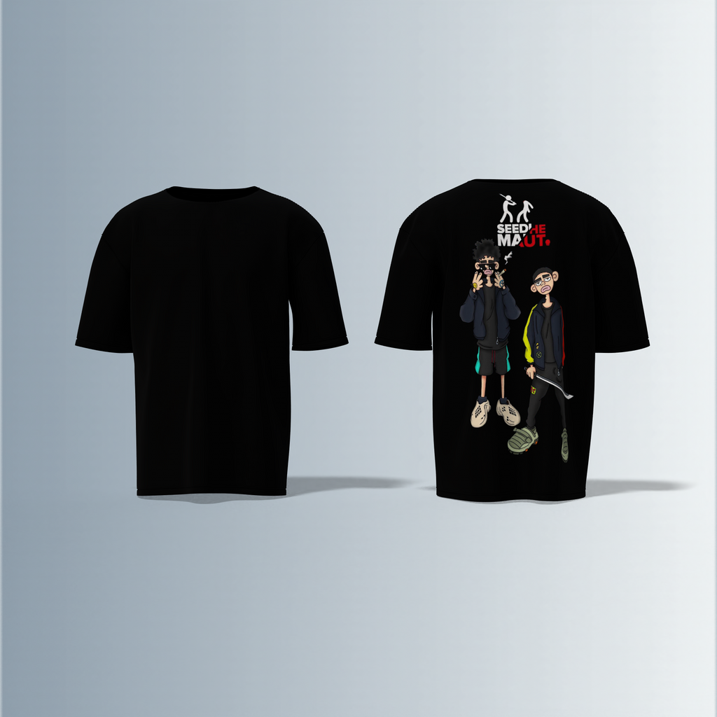 "Urban Streetwear Graphic T-Shirt Featuring Two Stylized Cartoon Characters with 'SEEDHE MAUT' Text and Bold Contemporary Illustration – Back-Only Print, Youth Culture-Inspired Design"