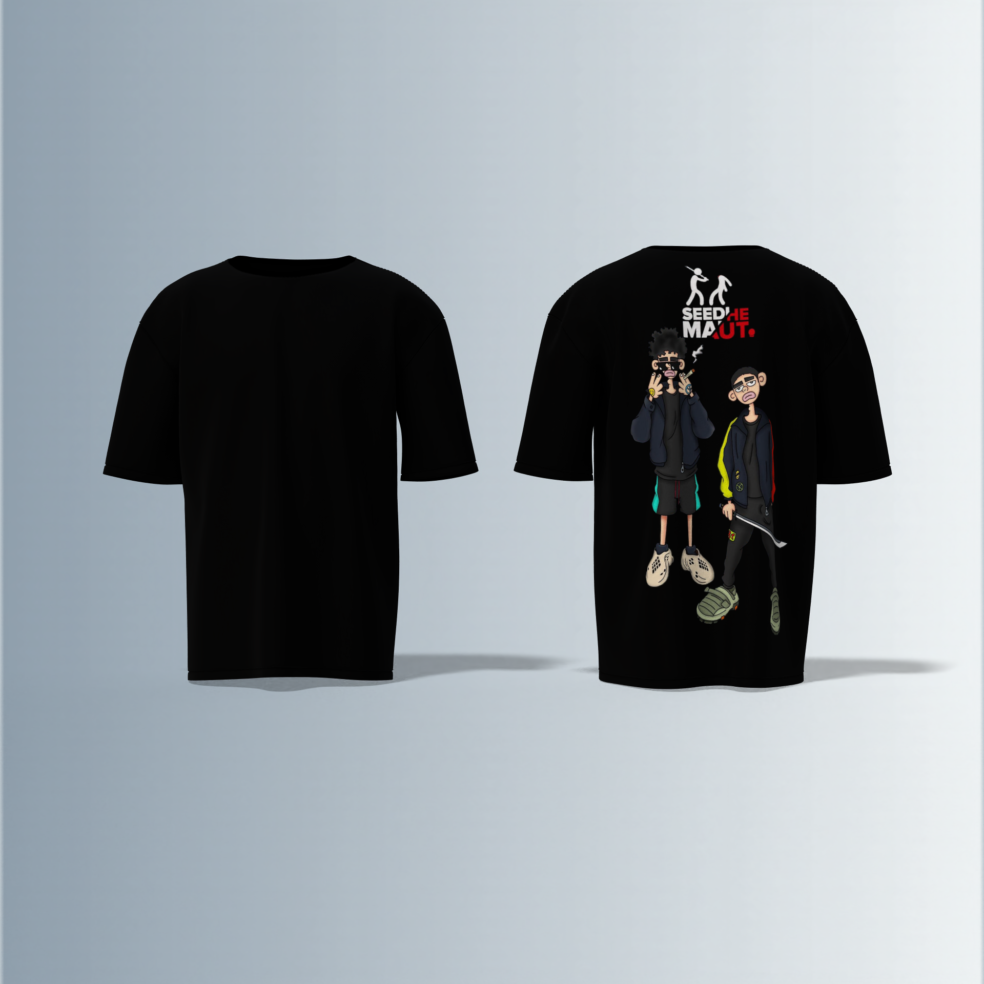 "Urban Streetwear Graphic T-Shirt Featuring Two Stylized Cartoon Characters with 'SEEDHE MAUT' Text and Bold Contemporary Illustration – Back-Only Print, Youth Culture-Inspired Design"