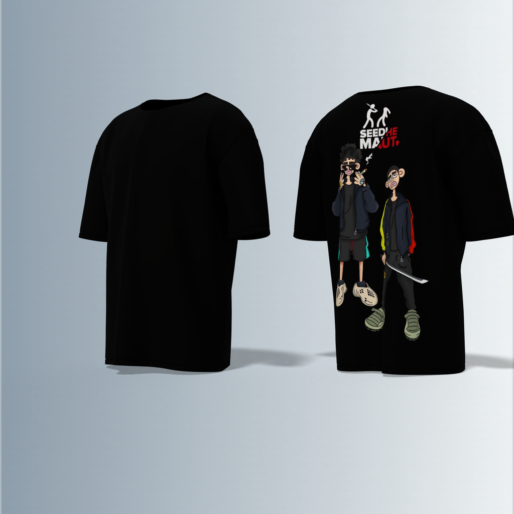 "Urban Streetwear Graphic T-Shirt Featuring Two Stylized Cartoon Characters with 'SEEDHE MAUT' Text and Bold Contemporary Illustration – Back-Only Print, Youth Culture-Inspired Design"