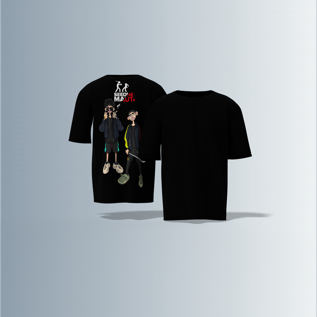 "Urban Streetwear Graphic T-Shirt Featuring Two Stylized Cartoon Characters with 'SEEDHE MAUT' Text and Bold Contemporary Illustration – Back-Only Print, Youth Culture-Inspired Design"
