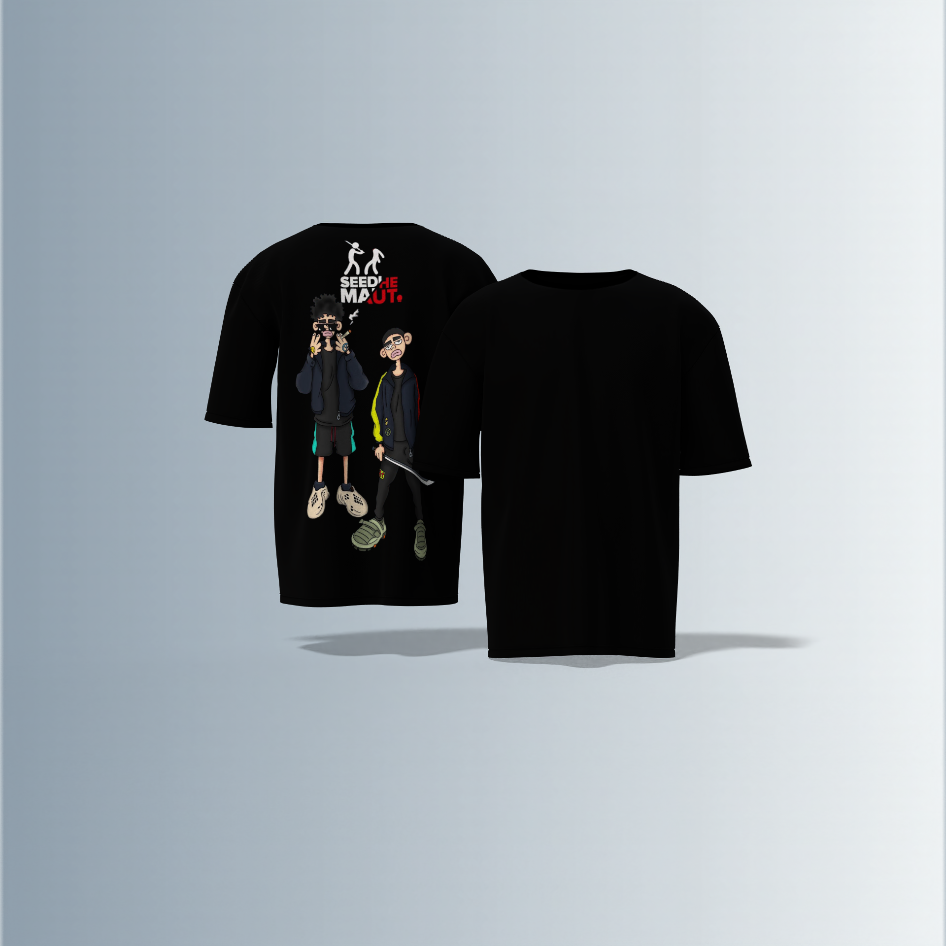 "Urban Streetwear Graphic T-Shirt Featuring Two Stylized Cartoon Characters with 'SEEDHE MAUT' Text and Bold Contemporary Illustration – Back-Only Print, Youth Culture-Inspired Design"