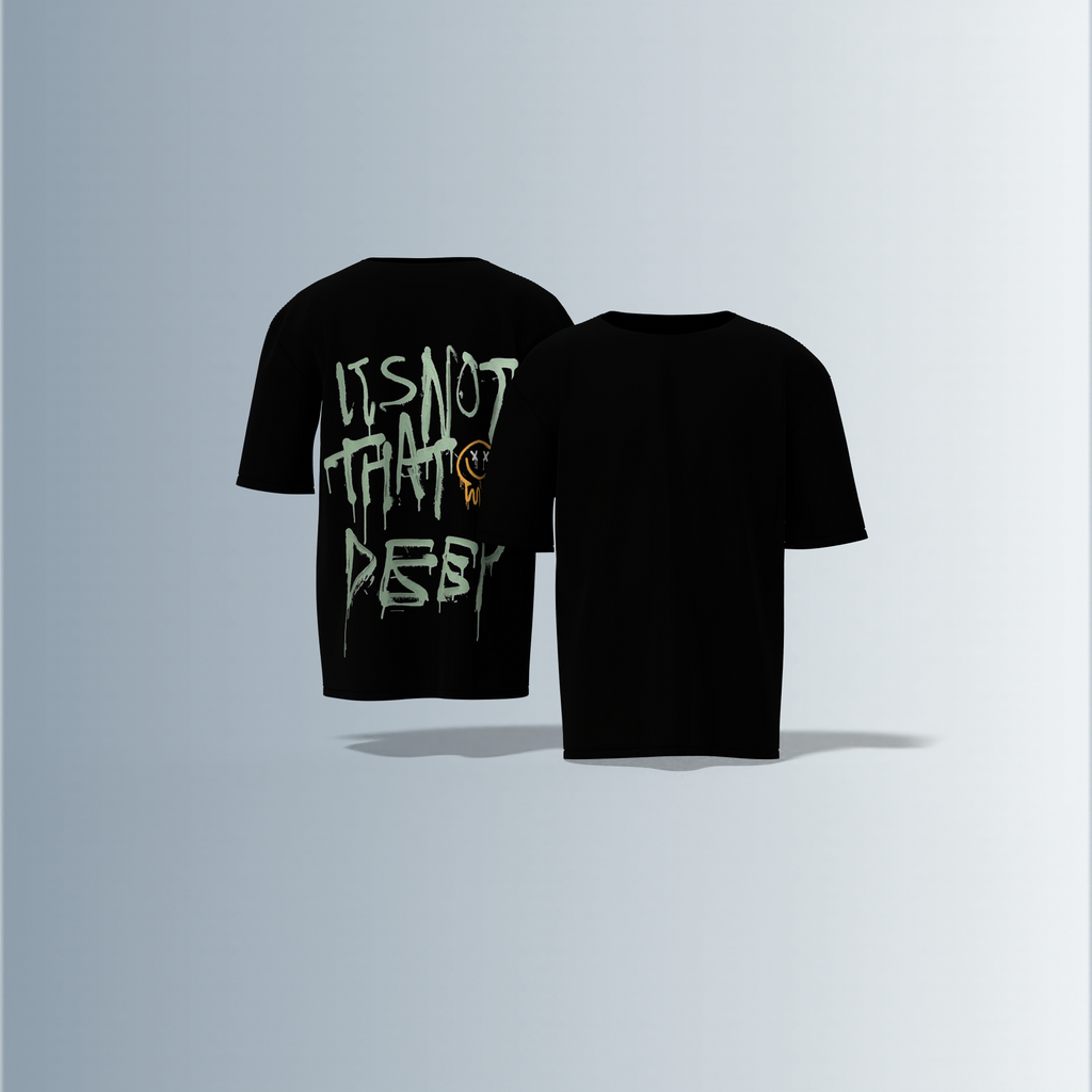 "Urban Grunge Typography Tee with 'It's Not That Deep' Graffiti Back Print and Minimalist Front"