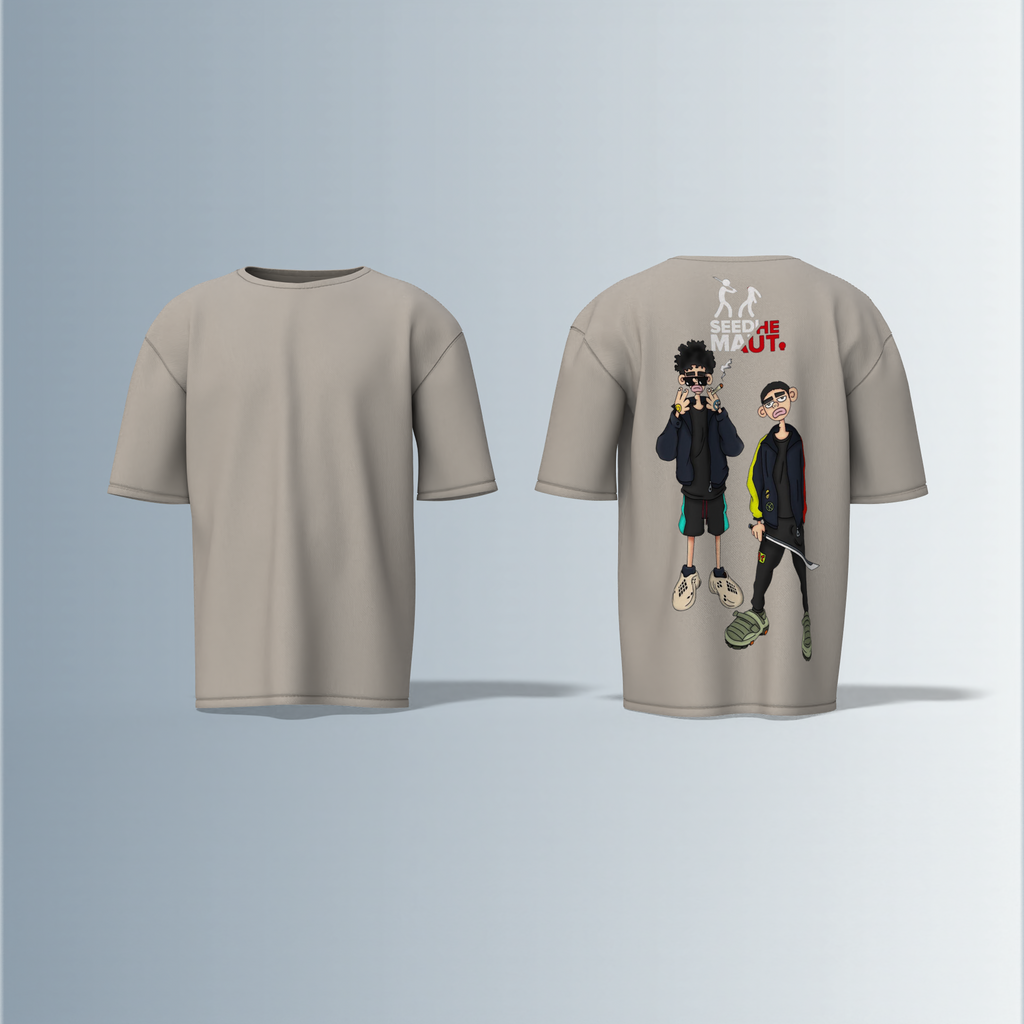 "Urban Streetwear Graphic T-Shirt Featuring Two Stylized Cartoon Characters with 'SEEDHE MAUT' Text and Bold Contemporary Illustration – Back-Only Print, Youth Culture-Inspired Design"