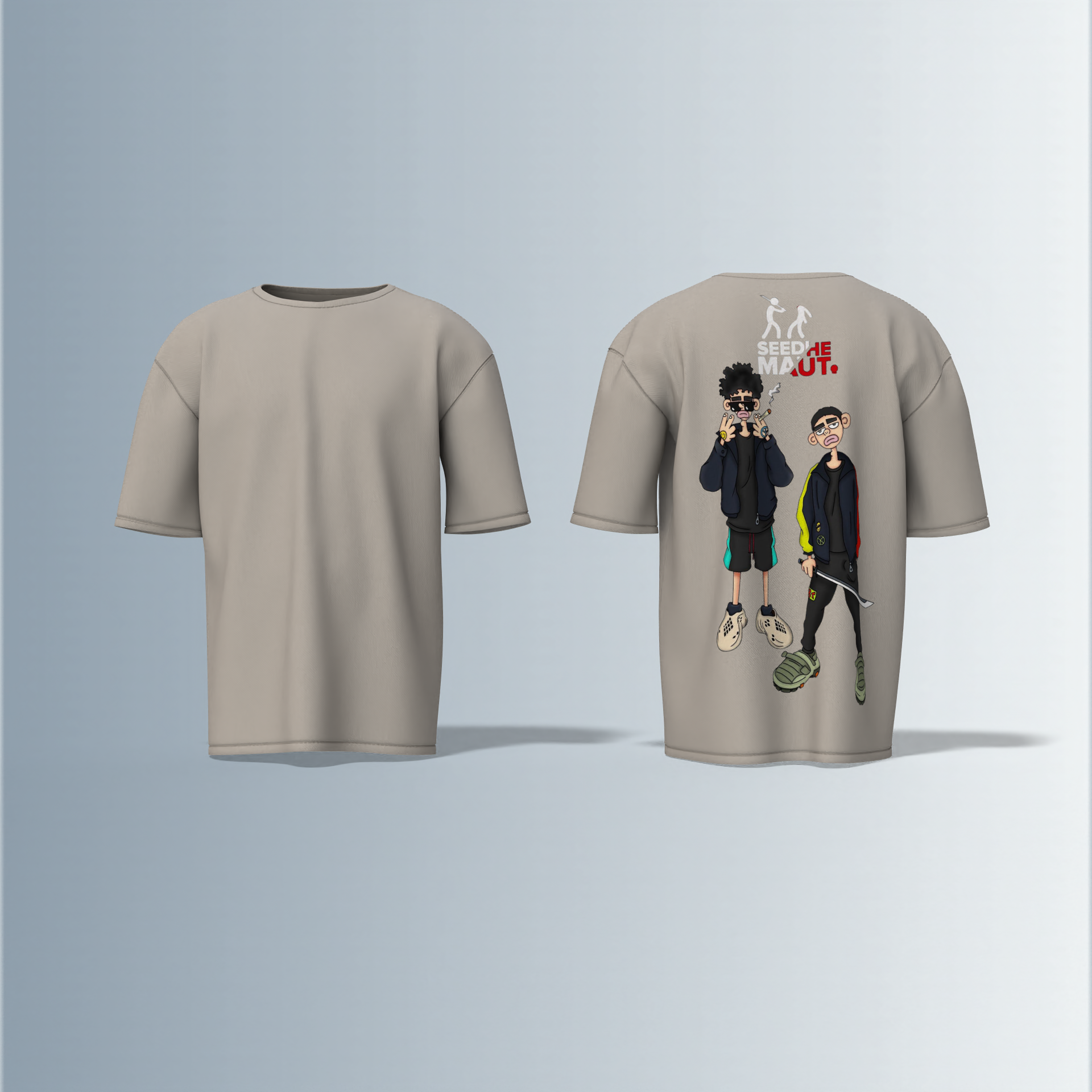 "Urban Streetwear Graphic T-Shirt Featuring Two Stylized Cartoon Characters with 'SEEDHE MAUT' Text and Bold Contemporary Illustration – Back-Only Print, Youth Culture-Inspired Design"