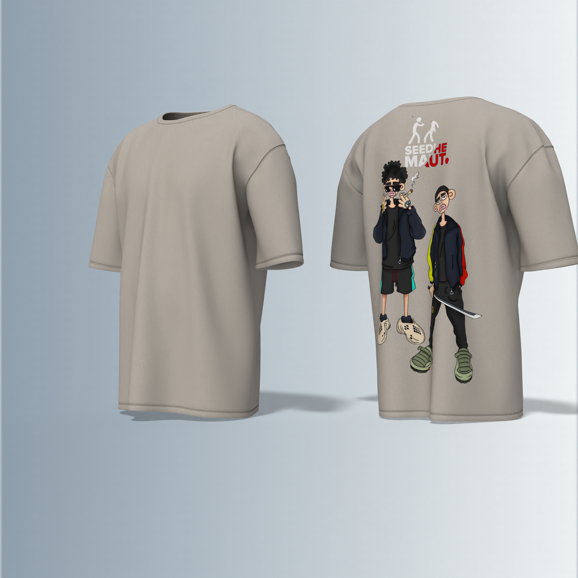 "Urban Streetwear Graphic T-Shirt Featuring Two Stylized Cartoon Characters with 'SEEDHE MAUT' Text and Bold Contemporary Illustration – Back-Only Print, Youth Culture-Inspired Design"