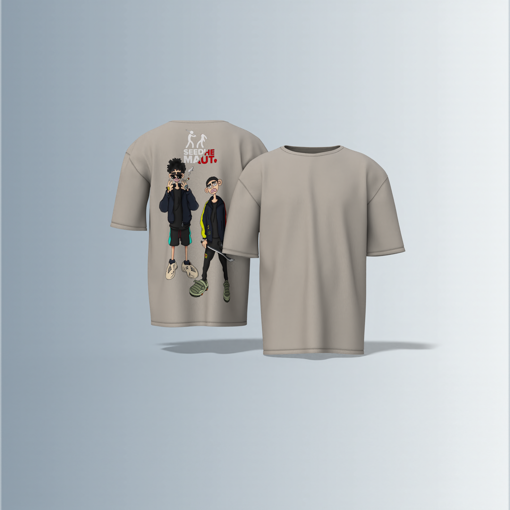 "Urban Streetwear Graphic T-Shirt Featuring Two Stylized Cartoon Characters with 'SEEDHE MAUT' Text and Bold Contemporary Illustration – Back-Only Print, Youth Culture-Inspired Design"