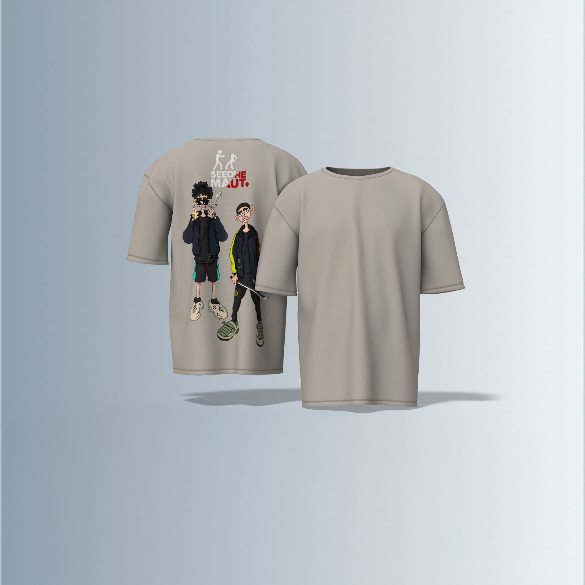 "Urban Streetwear Graphic T-Shirt Featuring Two Stylized Cartoon Characters with 'SEEDHE MAUT' Text and Bold Contemporary Illustration – Back-Only Print, Youth Culture-Inspired Design"