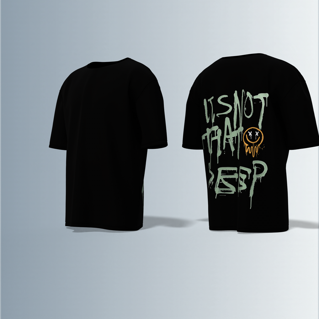 "Urban Grunge Typography Tee with 'It's Not That Deep' Graffiti Back Print and Minimalist Front"
