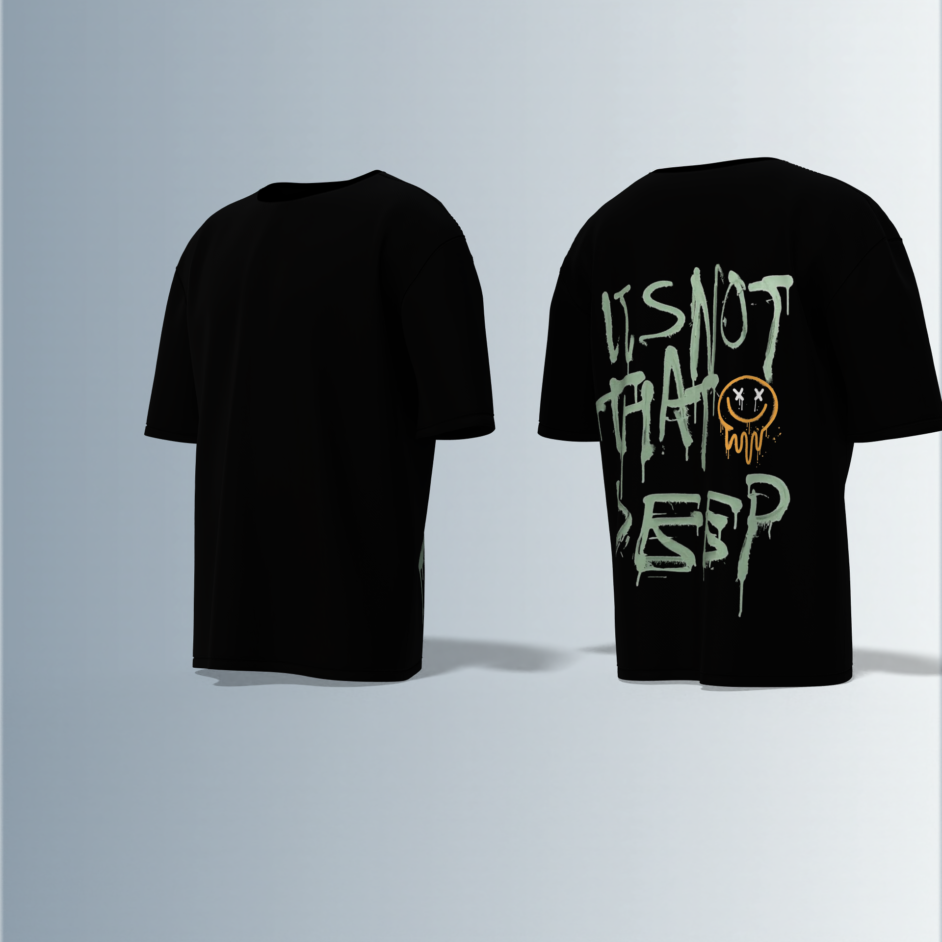 "Urban Grunge Typography Tee with 'It's Not That Deep' Graffiti Back Print and Minimalist Front"