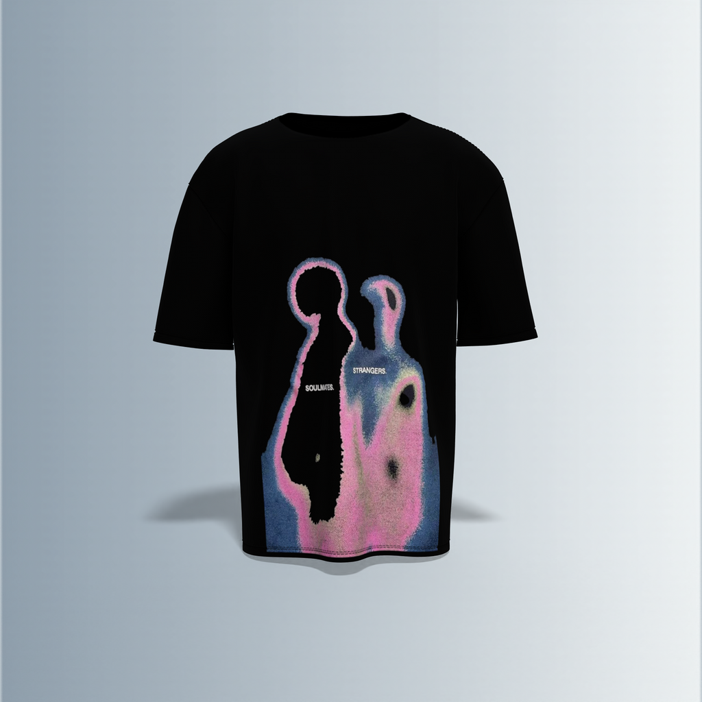"Abstract Heatmap Silhouette T-Shirt Featuring Dual Figures with 'SOULMATES' and 'STRANGERS' Text – Surreal Gradient Artwork for Conceptual Streetwear Style"