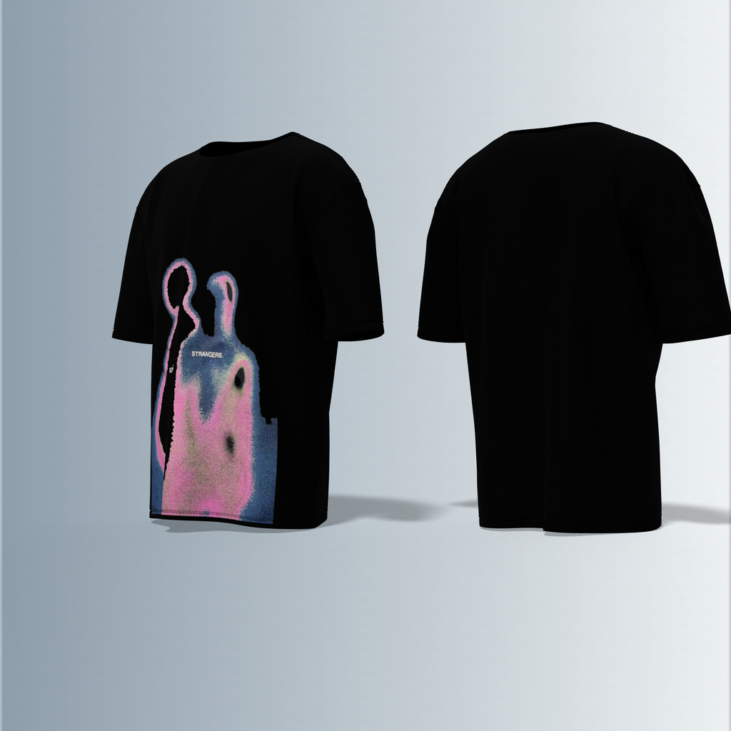 "Abstract Heatmap Silhouette T-Shirt Featuring Dual Figures with 'SOULMATES' and 'STRANGERS' Text – Surreal Gradient Artwork for Conceptual Streetwear Style"