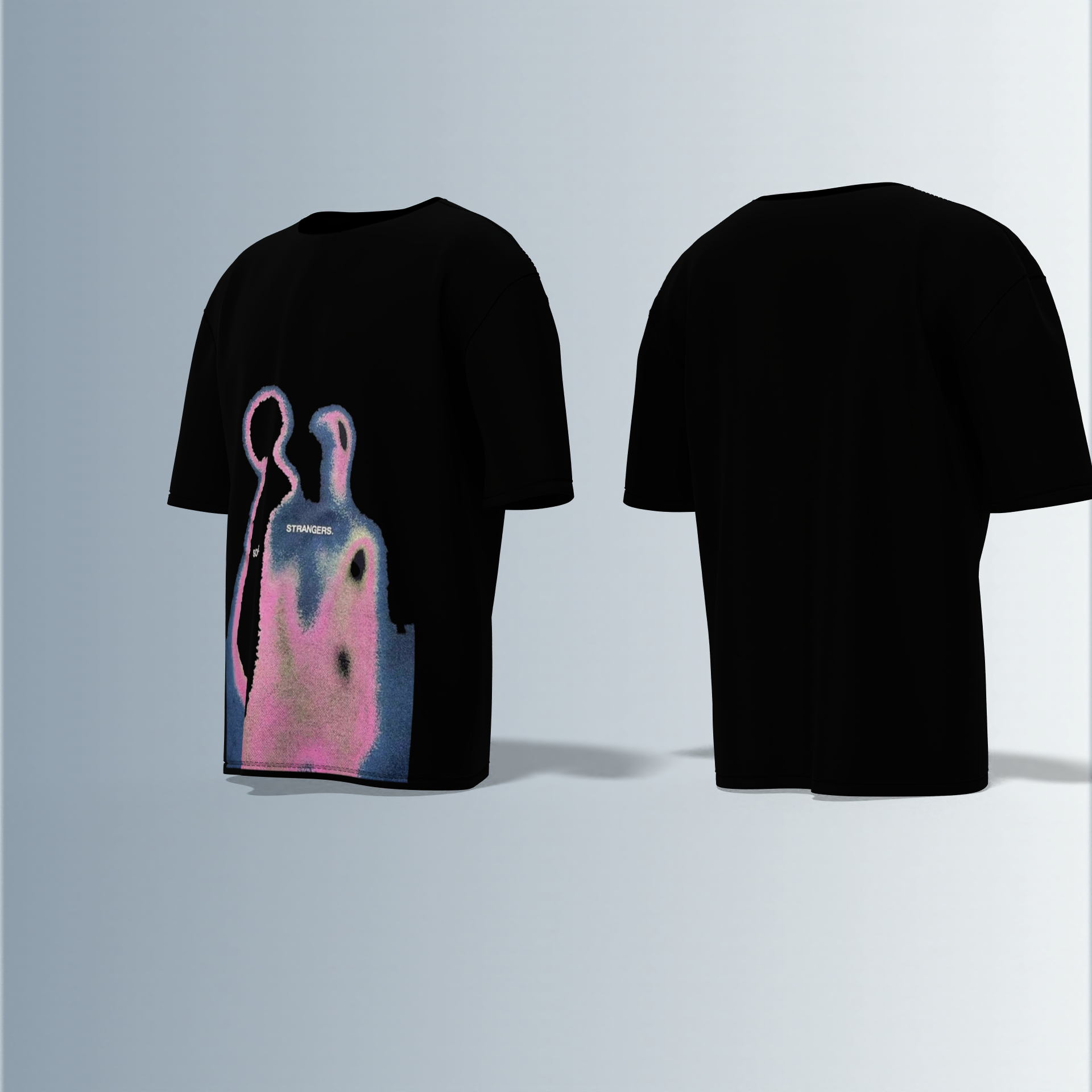 "Abstract Heatmap Silhouette T-Shirt Featuring Dual Figures with 'SOULMATES' and 'STRANGERS' Text – Surreal Gradient Artwork for Conceptual Streetwear Style"