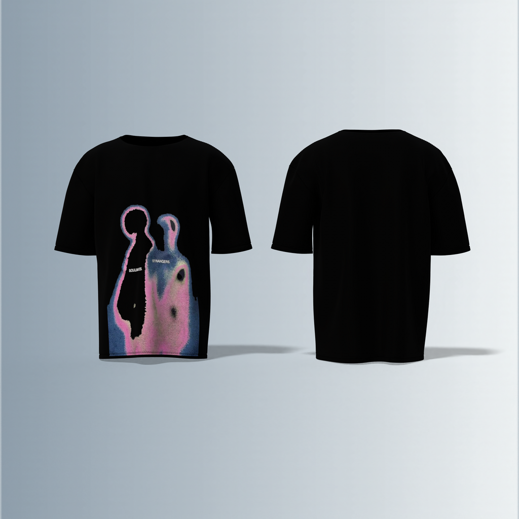 "Abstract Heatmap Silhouette T-Shirt Featuring Dual Figures with 'SOULMATES' and 'STRANGERS' Text – Surreal Gradient Artwork for Conceptual Streetwear Style"