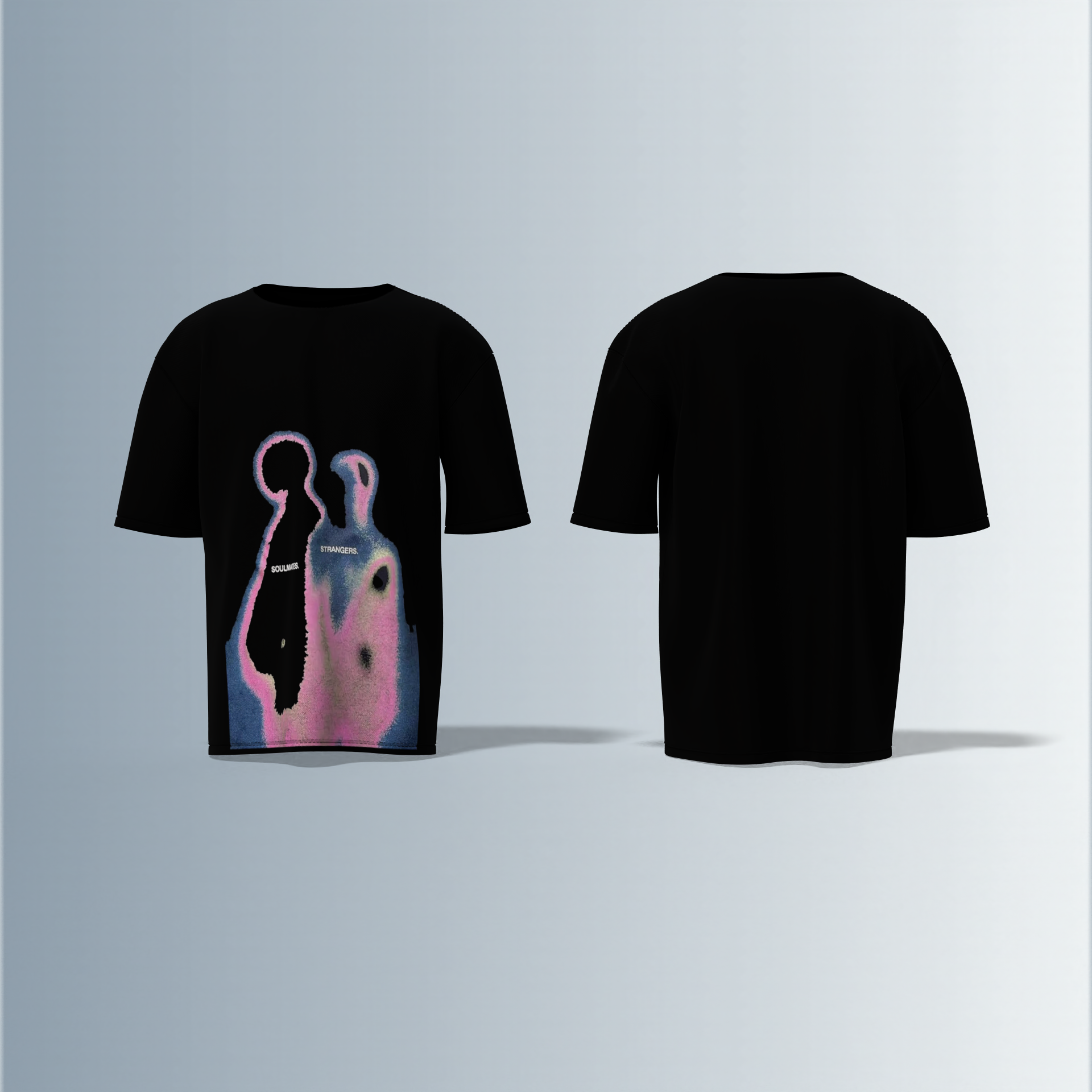 "Abstract Heatmap Silhouette T-Shirt Featuring Dual Figures with 'SOULMATES' and 'STRANGERS' Text – Surreal Gradient Artwork for Conceptual Streetwear Style"