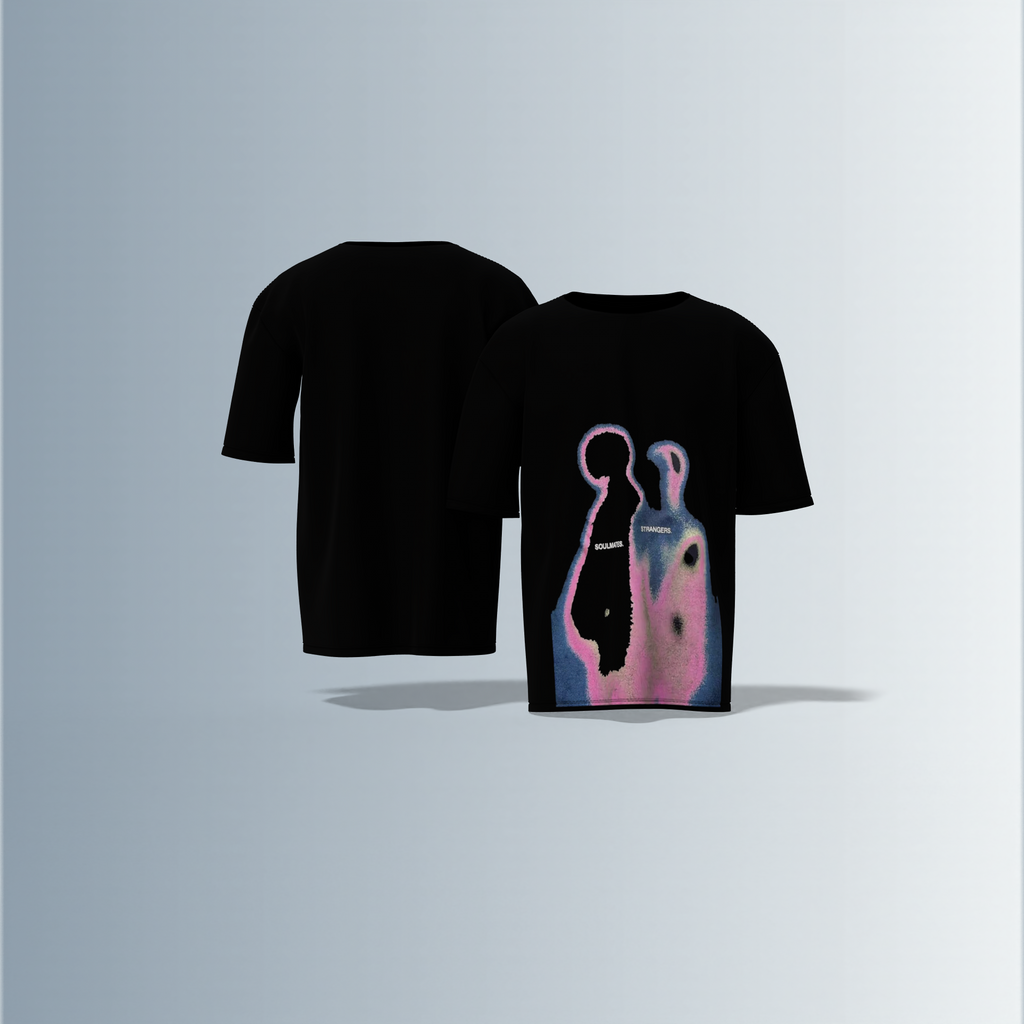 "Abstract Heatmap Silhouette T-Shirt Featuring Dual Figures with 'SOULMATES' and 'STRANGERS' Text – Surreal Gradient Artwork for Conceptual Streetwear Style"