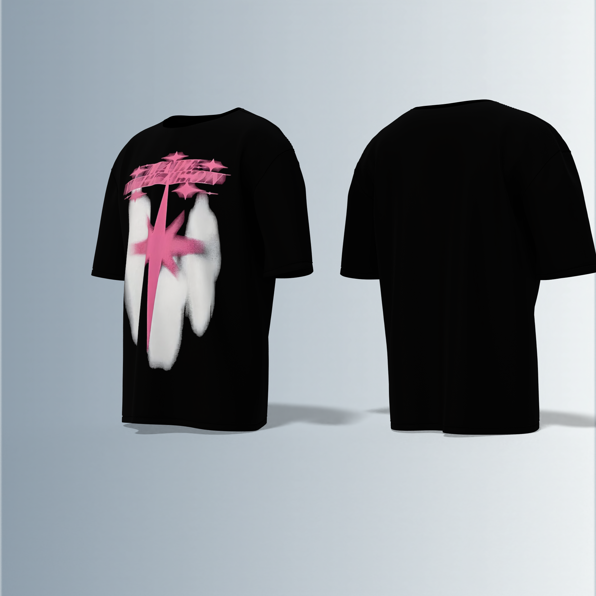 Oversized Graphic T-Shirt Featuring Bold Front Print with Abstract Pink Starburst, White Spray Paint Effects, and Stylized Graffiti Typography Across the Chest