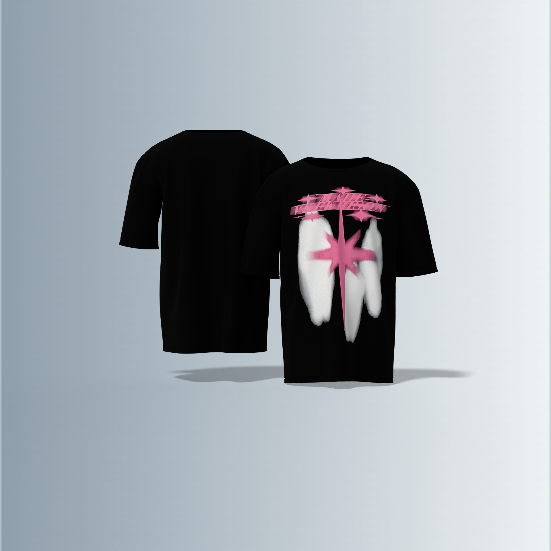 Oversized Graphic T-Shirt Featuring Bold Front Print with Abstract Pink Starburst, White Spray Paint Effects, and Stylized Graffiti Typography Across the Chest