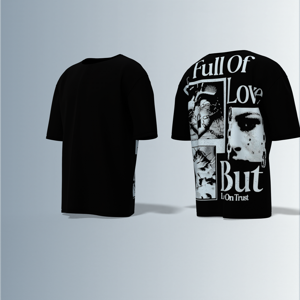 Oversized Graphic T-Shirt Featuring “Full of Love But Low on Trust” Typography with Collage of Lock, Chain, and Flower Photographs on the Back and Plain Front