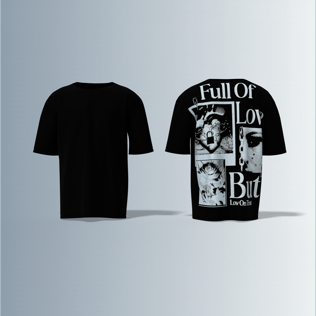 Oversized Graphic T-Shirt Featuring “Full of Love But Low on Trust” Typography with Collage of Lock, Chain, and Flower Photographs on the Back and Plain Front