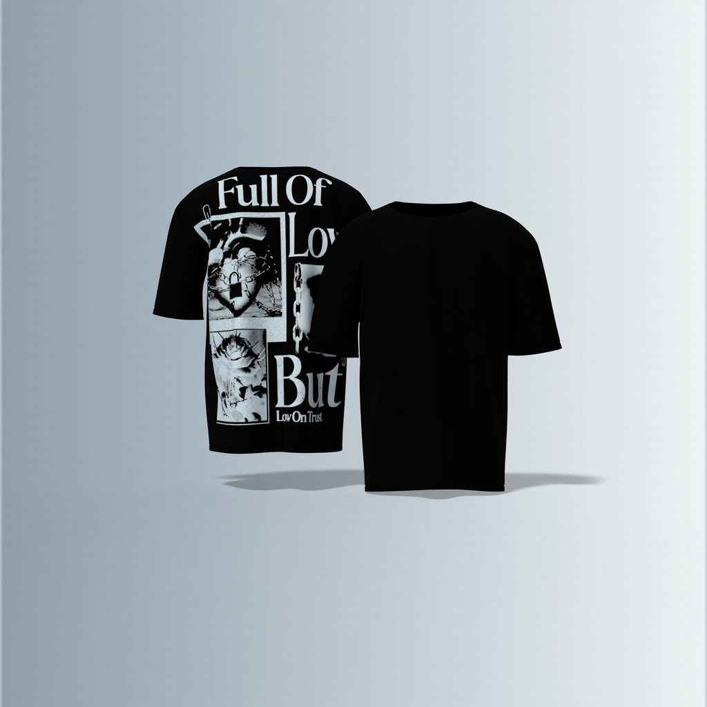 Oversized Graphic T-Shirt Featuring “Full of Love But Low on Trust” Typography with Collage of Lock, Chain, and Flower Photographs on the Back and Plain Front