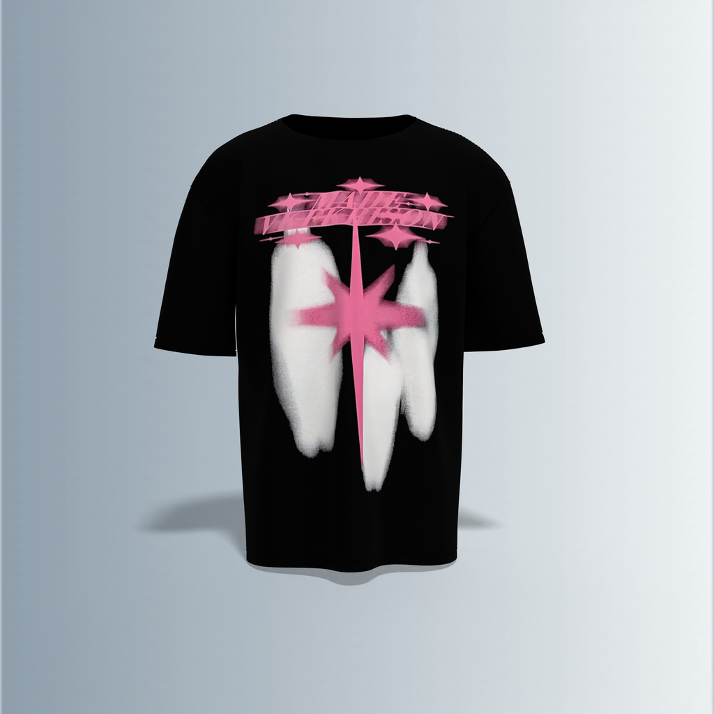 Oversized Graphic T-Shirt Featuring Bold Front Print with Abstract Pink Starburst, White Spray Paint Effects, and Stylized Graffiti Typography Across the Chest
