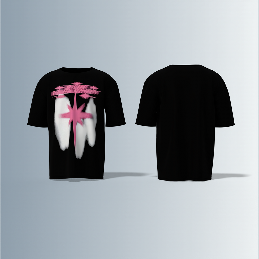 Oversized Graphic T-Shirt Featuring Bold Front Print with Abstract Pink Starburst, White Spray Paint Effects, and Stylized Graffiti Typography Across the Chest