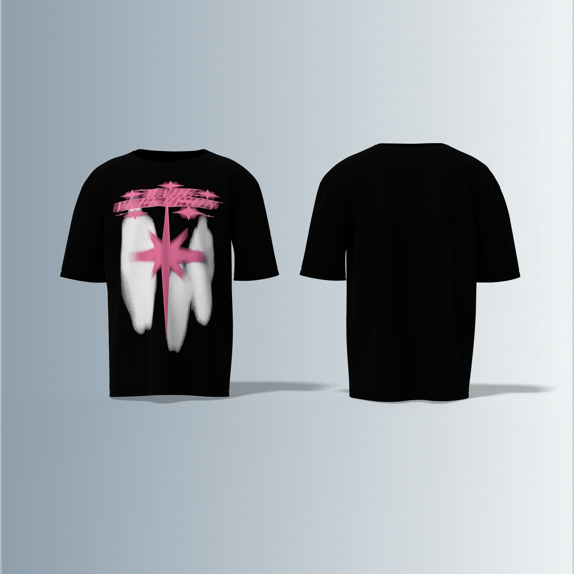 Oversized Graphic T-Shirt Featuring Bold Front Print with Abstract Pink Starburst, White Spray Paint Effects, and Stylized Graffiti Typography Across the Chest