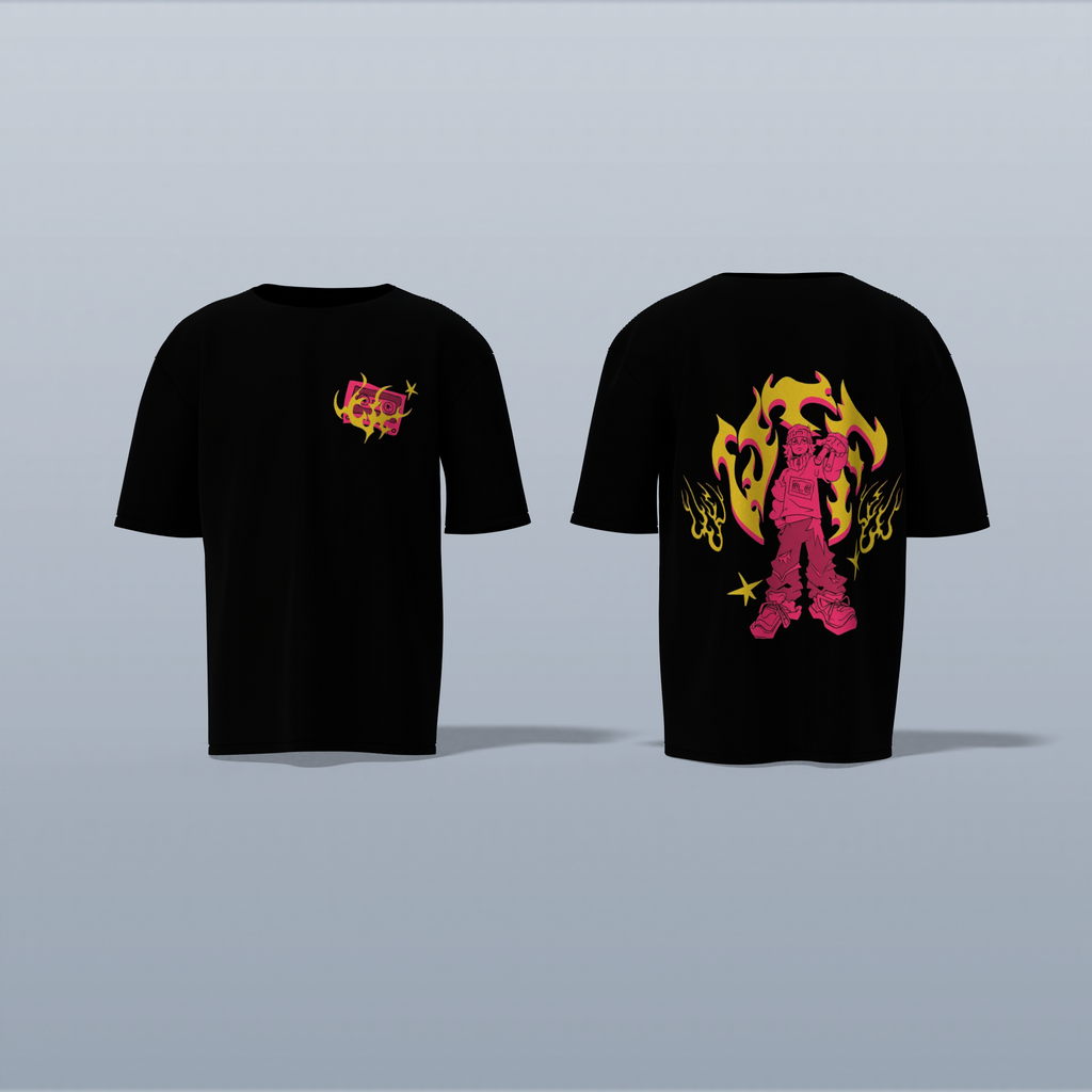 "Limited Edition Oversized Streetwear Tee Featuring Bold Anime Warrior Graphic with Flame Aura – High-Impact Back Print & Iconic Chest Detail for True Fans of Urban Anime Culture"